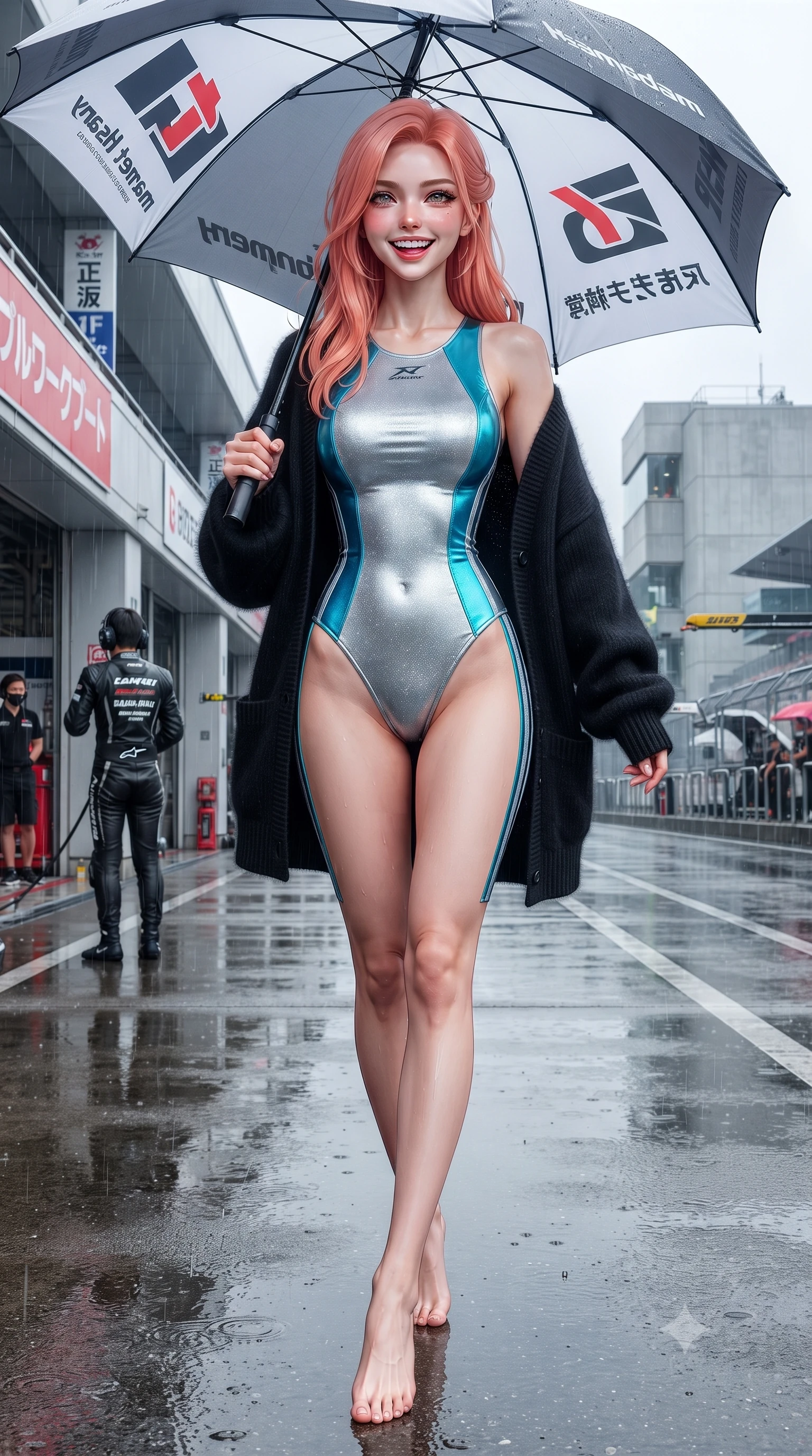 score_9, masterpiece, best quality, ultra-detailed, high-budget anime keyframe, editorial fashion photography, tasteful artistic composition, Japanese woman. low angle full-body shot from head to toe showing her feet, filling the entire 9:16 vertical frame with her statuesque presence, stretching her vertical silhouette. sitting perched on the elevated umpire chair with legs crossed and hips angled toward the camera, displaying her toned midriff and long slender limbs with joyful, coquettish charm while striding purposefully along the wet pit lane holding an oversized team umbrella, hips swaying in an alluring kinetic rhythm that accentuates her curves. The surrounding environment is rendered in vivid detail and crisp panoramic clarity: detailed leather racing catsuit texture, wet reflections on skin, and Japanese motorsport architecture in razor-sharp precision. She has an absolutely perfect, statuesque 8.5-heads proportion, an exceptionally tall and slender model-like female figure with impossibly long slender legs, an ultra-slim waist, a flat toned midriff, narrow delicate ribcage, and beautifully sculpted feminine hips creating a graceful, slim hourglass silhouette without any bulky heaviness. sharp v-shaped jawline, high-bridge nose, sparkling eyes with athletic focus and depth, thick curled eyelashes, glossy parted lips with a natural coral-peach sheen, bright confident and coquettish smile with alluring bedroom-eyes, exuding both youthful sporty vigor and sovereign high-society glamour, flawlessly proportioned anatomical accuracy, strict slender model proportions, natural body alignment, perfectly sculpted long slender limbs, ultra-slim waistline, clean dynamic posture without body distortion. wearing a bodycon racerback athletic romper with high-cut leg openings and side racing stripe tape accentuating her curvy hips in metallic liquid silver and electric cyan, woven from metallic lurex and technical nylon with subtle starlight glints, complemented by an oversized cashmere knit cardigan slipping off one bare shoulder, the form-fitting tailored bodice adhering flawlessly to her sculpted flat midriff and slender torso, emphasizing her long leg lines and perfectly proportioned willowy build. illuminated by wet ground mirror reflections and sharp platinum rim lights carving her razor-sharp jawline, narrow waist, and curvy hips. ultra-reflective glossy finish, specular highlights, rich textural contrasts, high-contrast stereoscopic depth, volumetric dynamic lighting, 2k, ultra detail, master piece, 9:16 ratio