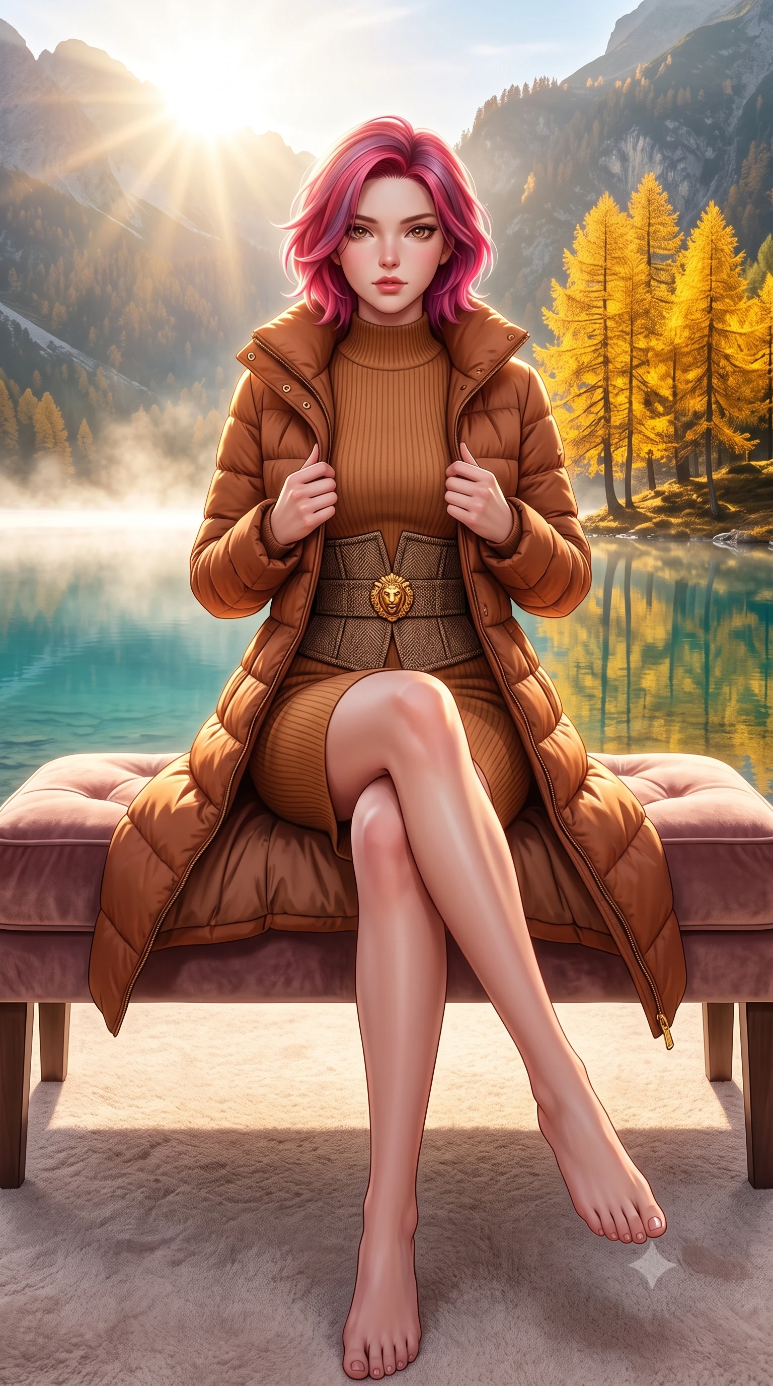 score_9, masterpiece, best quality, ultra-detailed, high-budget anime keyframe, semi-realistic 3D game render, editorial fashion photography, tasteful artistic composition, Caucasian woman. low angle full-body shot from head to toe showing her feet, filling the entire 9:16 vertical frame with her statuesque presence, stretching her vertical silhouette. sitting gracefully on the plush bench with legs crossed and angled toward the camera, highlighting her long slender limbs and hourglass waist while pausing beneath a stand of brilliant golden larch trees reflecting in the turquoise water, holding her coat lapels with refined elegance. The surrounding environment is rendered in vivid detail and crisp panoramic clarity: detailed quilted down-tailored coat quilting, high funnel neck collar, and alpine lakeside topography in high resolution. She has an exceptionally tall and slender model-like 8.5-heads proportion, an ultra-slim waist, a flat toned midriff, narrow delicate ribcage, and beautifully sculpted feminine hips creating a graceful, slim hourglass silhouette without any bulky heaviness, with impossibly long slender legs. sharp v-shaped jawline, high-bridge nose, intricate jewel-like sparkling eyes with depth, thick eyelashes, glossy parted lips with a natural peach sheen, bright cheerful beaming smile with an enchanting and coquettish sensual glint, exuding both youthful cute charm and seductive allure, flawlessly proportioned anatomical accuracy, strict slender model proportions, natural body alignment, perfectly sculpted long slender limbs, ultra-slim waistline, clean dynamic posture without body distortion. wearing a form-contouring ribbed cashmere mock-neck knit bodycon dress clinging like a second skin, paired with a tailored tweed waist cincher in warm winter cinnamon and toasted caramel, made of ultra-fine Mongolian cashmere with sleek glove-like elasticity contouring her silhouette, accented with an ornate 24k gold lion-embossed crest button along the snug front closure, the form-contouring silhouette accentuating her sculpted flat midriff, narrow delicate ribcage, and gracefully curvy hips with intoxicating allure. bathed in crisp, sparkling morning sun breaking over mountain crests, illuminating lake mist with ethereal golden backlighting. highly saturated vibrant anime colors, detailed shading with soft gradients, rich glossy textures, high-contrast stereoscopic depth, volumetric dynamic lighting, master piece, 9:16 ratio