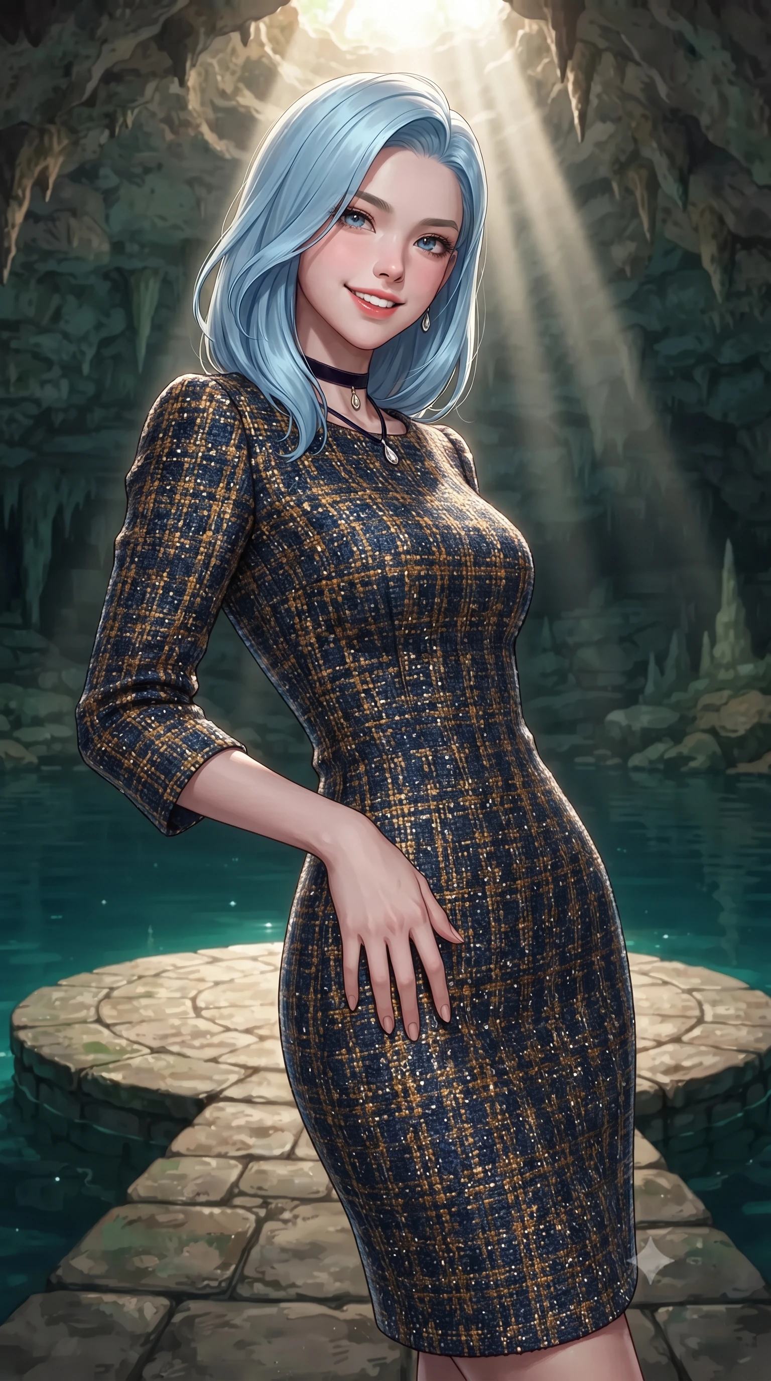 score_9, masterpiece, best quality, ultra-detailed, high-budget anime keyframe, editorial fashion photography, tasteful artistic composition, Korean woman. close-up cowboy shot from the waist and thighs up, the character dominates the composition, filling the frame with her large presence. tilting her head with a teasing half-smile, running one hand slowly down the side of her hip in a flirtatious S-curve as ambient light caresses her silhouette while standing poised on the circular stone platform extending into the mirror-still subterranean cenote pool, arching her lower back with divine siren grace as a dramatic god ray of sunlight pierces the cave roof. The surrounding environment is rendered in vivid detail and crisp panoramic clarity: detailed garment lines, wet cling or bodycon fit, and timeless natural cave architecture in razor-sharp precision. She has an exceptionally elegant, slender, and willowy female figure with an ultra-slim waist, flat toned midriff, narrow ribcage, and sculpted feminine hips creating an alluring, slim hourglass silhouette without bulk. sharp v-shaped jawline, high-bridge nose, intricate jewel-like sparkling eyes with depth, thick eyelashes, glossy parted lips with a natural peach sheen, bright cheerful beaming smile with an enchanting and coquettish sensual glint, exuding both youthful cute charm and seductive allure, flawlessly proportioned anatomical accuracy, strict slender model proportions, natural body alignment, perfectly sculpted long slender limbs, ultra-slim waistline, clean dynamic posture without body distortion. wearing an aristocratic French Normandy jacquard brocade shift dress with bracelet sleeves in Lofoten midnight sun golden amber and Arctic deep navy, woven from structured British tweed with subtle metallic flecks, finished with a thin velvet ribbon choker and a single teardrop diamond pendant, the impeccably tailored cut draping gracefully along her slender figure with aristocratic poise. illuminated by emerald pool surface specular bounce and sharp gold-cyan dual rim lights sculpting her razor-sharp jawline, narrow waist, and curvy hips. ultra-reflective glossy finish, specular highlights, rich textural contrasts, high-contrast stereoscopic depth, volumetric dynamic lighting, 2k, ultra detail, master piece, 9:16 ratio