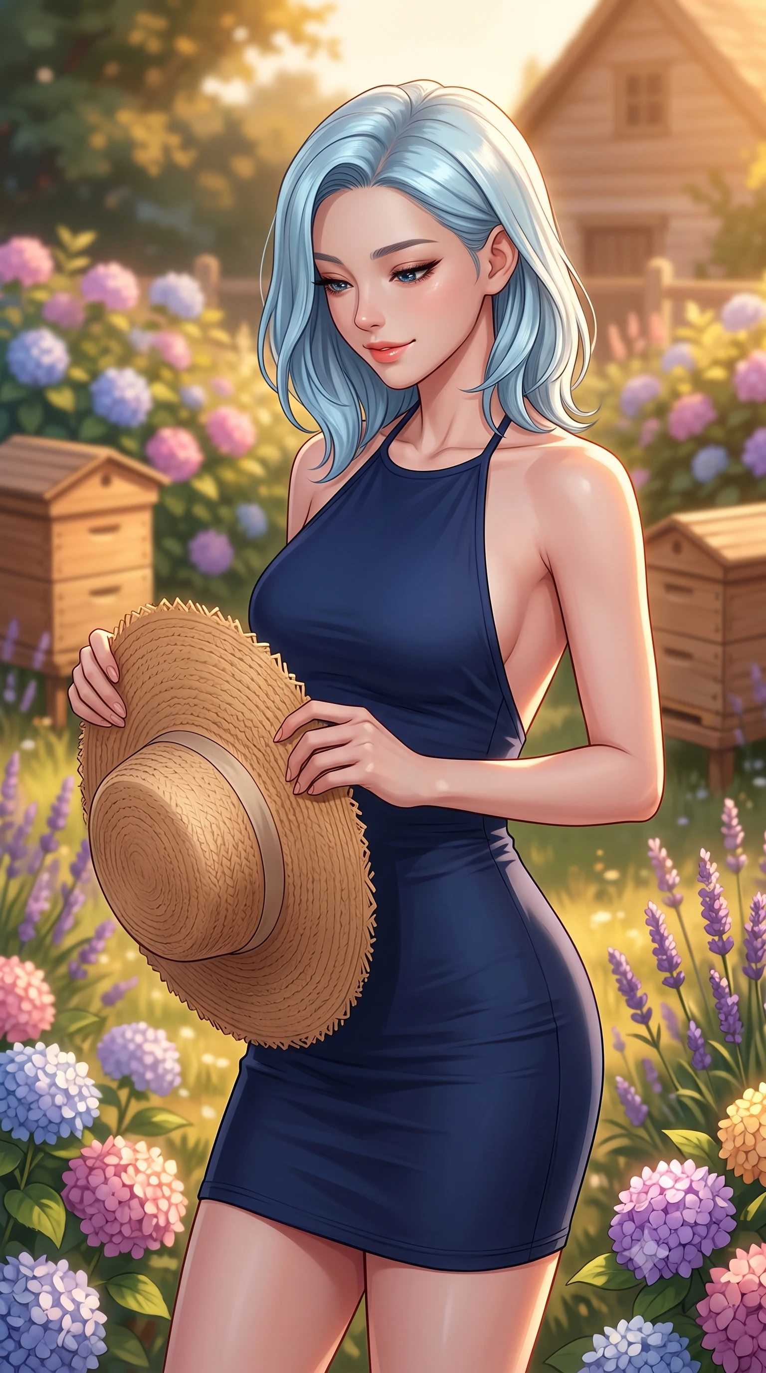 score_9, masterpiece, best quality, ultra-detailed, high-budget anime keyframe, editorial fashion photography, tasteful artistic composition, Korean woman woman. close-up cowboy shot from the waist and thighs up, the character dominates the composition, filling the frame with her large presence, background elements kept in soft focus. holding a wide-brimmed straw hat with both hands against the breeze, looking down with a soft smile the background shows a soft-focus a cozy cottage garden filled with colorful hydrangeas, lavender, and wooden beehives. She has an exceptionally elegant, slender, and willowy female figure with an ultra-slim waist, a gracefully sculpted slender torso, and a refined silhouette. sharp v-shaped jawline, high-bridge nose, intricate jewel-like eyes with depth, thick eyelashes, glossy lips with a natural sheen. wearing a slim-fit form-fitting halter dress in deep navy blue, contouring her athletic, slender build. warm golden hour afternoon light bathing the garden in warmth. 2k, ultra detail, master piece, 9:16 ratio