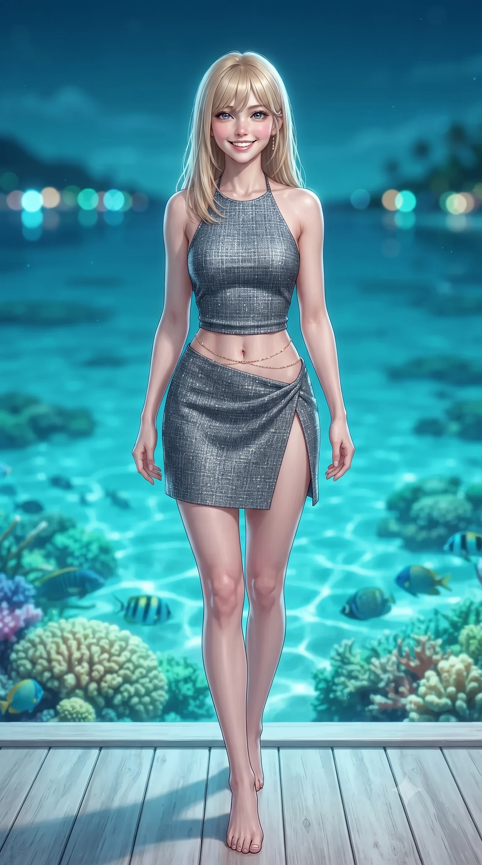 score_9, masterpiece, best quality, ultra-detailed, high-budget anime keyframe, editorial fashion photography, tasteful artistic composition, Japanese woman. low angle full-body shot from head to toe showing her feet, filling the entire 9:16 vertical frame with her statuesque presence, stretching her vertical silhouette. stepping slowly toward the camera with hypnotic grace, hips swaying in an alluring sensual rhythm that accentuates her curvy hourglass silhouette and long slender legs while standing poised on the bleached teak deck cantilevered over vibrant Caribbean coral gardens, arching her lower back with siren charisma as warm tropical trade winds blow. The background shows a soft-focus crystal-clear turquoise Caribbean waters with illuminated brain coral and swimming tropical fish below, distant island lights, blurred into cyan, emerald, and sapphire bokeh. She has an exceptionally tall and slender model-like 8.5-heads proportion, an ultra-slim waist, a flat toned midriff, narrow delicate ribcage, and beautifully sculpted feminine hips creating a graceful, slim hourglass silhouette without any bulky heaviness, with impossibly long slender legs. sharp v-shaped jawline, high-bridge nose, intricate jewel-like sparkling eyes with depth, thick eyelashes, glossy parted lips with a natural peach sheen, bright cheerful beaming smile with an enchanting and coquettish sensual glint, exuding both youthful cute charm and seductive allure, flawlessly proportioned anatomical accuracy, strict slender model proportions, natural body alignment, perfectly sculpted long slender limbs, ultra-slim waistline, clean dynamic posture without body distortion. wearing a provocative backless halterneck silk lamé mini dress with deep scoop back down to her lower spine and thigh-high slit in Mont-Saint-Michel granite slate grey and moonlit tide silver, woven from structured British tweed with subtle metallic flecks, accented with a dainty gold belly chain resting across her flat midriff and curving hips, the high-slit wrap tailoring accentuating her ultra-slim waistline and the enchanting curve of her feminine hips with alluring seductive charm. illuminated by water caustics bounce and sharp platinum-cyan rim lights sculpting her jawline, narrow waist, and curvy hips. ultra-reflective glossy finish, specular highlights, rich textural contrasts, high-contrast stereoscopic depth, volumetric dynamic lighting, 2k, ultra detail, master piece, 9:16 ratio