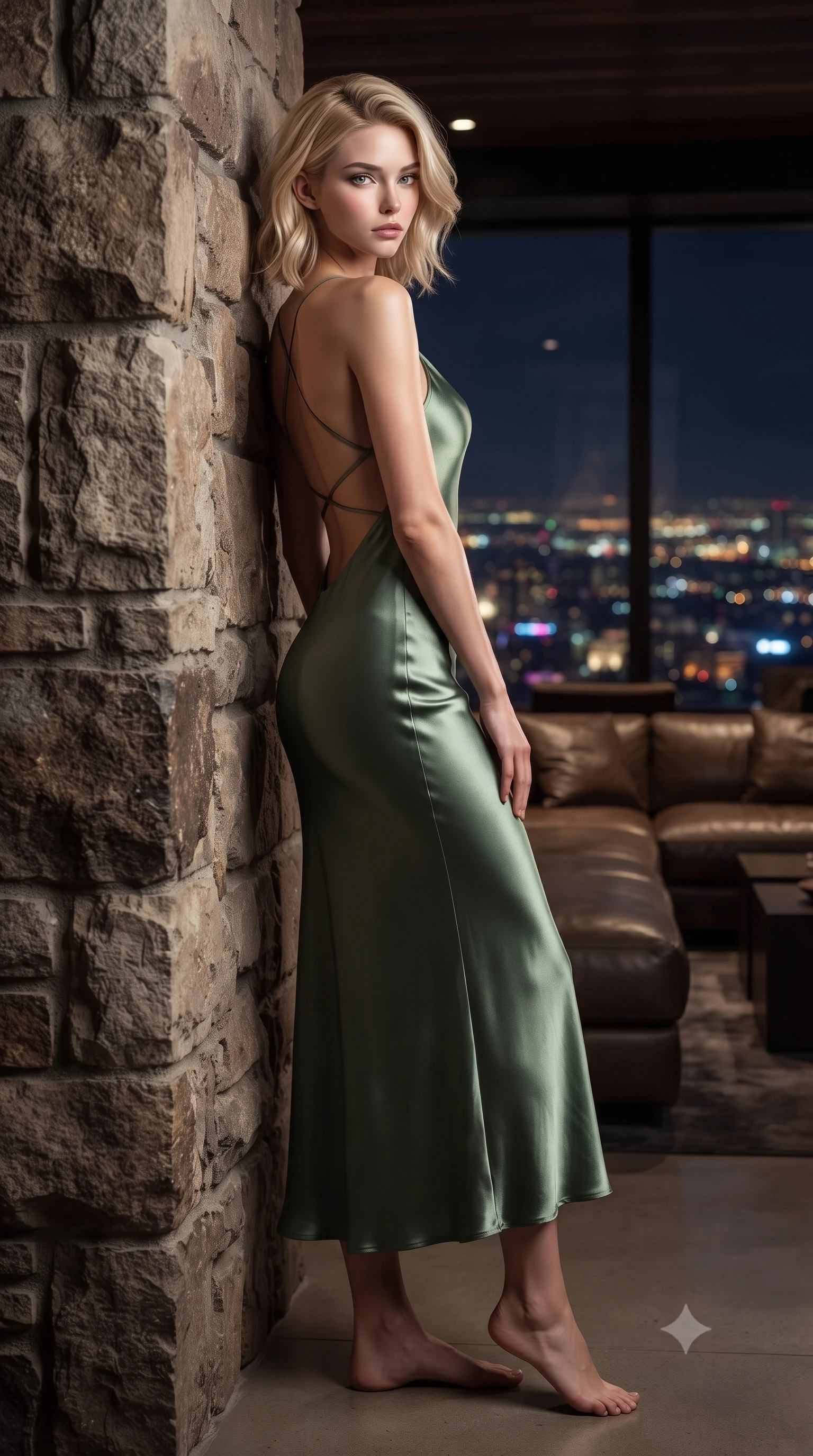 score_9, masterpiece, best quality, ultra-detailed, high-budget anime keyframe, editorial fashion photography, tasteful artistic composition, Caucasian woman. low angle full-body shot from head to toe showing her feet, filling the entire 9:16 vertical frame with her statuesque presence, stretching her vertical silhouette. leaning back against a rustic stone wall, casting a slow, alluring gaze at the camera the background shows a soft-focus a helipad lounge bar with leather sofas and panoramic views of the city at night. She has an absolutely perfect, statuesque 8.5-heads proportion, an exceptionally tall and slender model-like female figure with impossibly long slender legs and an ultra-slim waist. sharp v-shaped jawline, high-bridge nose, intricate jewel-like eyes with depth, thick eyelashes, glossy lips with a natural sheen. wearing a form-contouring lightweight silk sundress in sage green with a dramatic open-back and thin criss-cross straps. soft spotlighting highlighting the silk textures of her gown. ultra-reflective glossy finish, specular highlights, metallic sheen, high-contrast stereoscopic depth, volumetric dynamic lighting, 2k, ultra detail, master piece, 9:16 ratio
