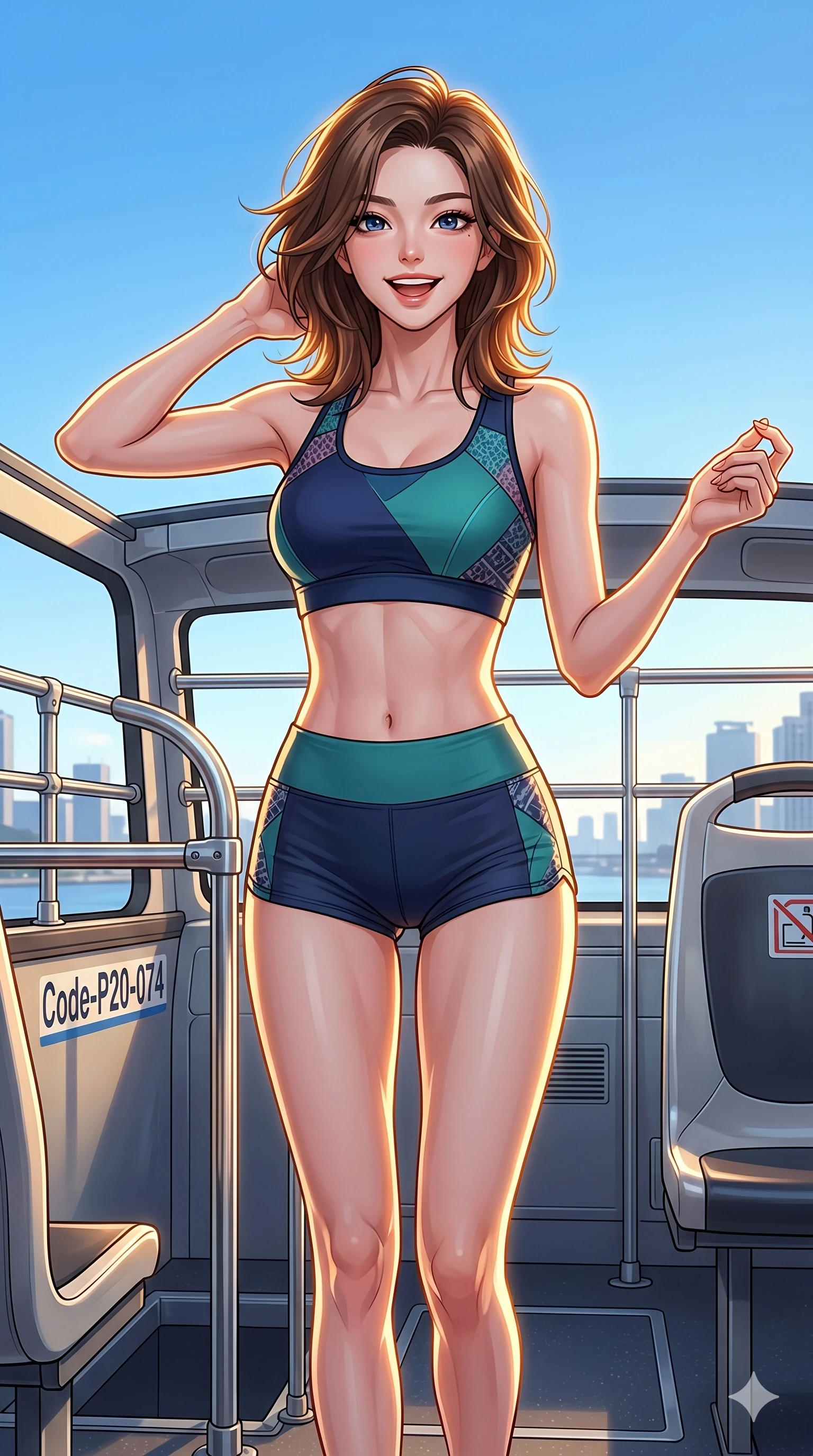 score_9, masterpiece, best quality, ultra-detailed, high-budget anime keyframe, vibrant anime aesthetic, Korean woman. cowboy shot from the thighs up, character and outfit filling the frame for maximum presence. She is posing with a joyful, energetic smile, looking directly into the lens on an open-air luxury bus deck under a clear blue sky (Code-P20-074). She has an absolutely perfect 8-heads proportion, an exceptionally tall and slender female figure with impossibly long slender legs and an ultra-slim waist. V-shaped jawline, high-bridge nose, intricate jewel-like eyes with depth, thick eyelashes, glossy lips with a natural sheen. wearing a skin-tight activewear set with sports bra and micro-shorts. She is intense warm rim lights, outlining her 8-heads proportion and V-shaped jawline. 2k, ultra detail, master piece, 9:16 ratio