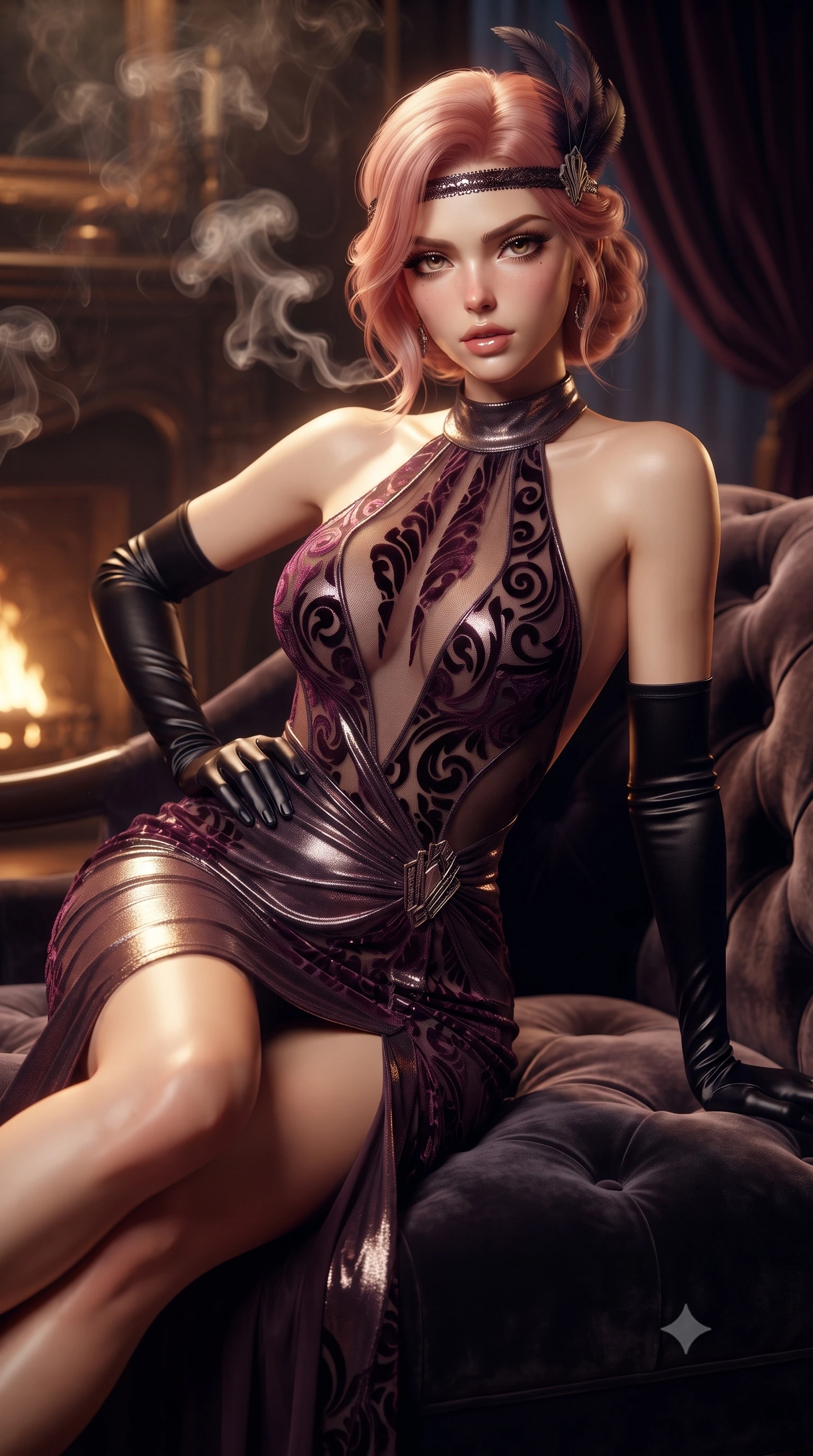 score_9, masterpiece, best quality, ultra-detailed, high-budget anime keyframe, editorial fashion photography, tasteful artistic composition, Japanese woman. close-up cowboy shot from the waist and thighs up, the character dominates the composition, filling the frame with her large presence. tilting her chin up with proud, sovereign allure while gazing through thick eyelashes, one hand resting on her waist in pure supermodel charisma while reclining on a plush velvet chaise lounge with one knee drawn up, smoldering eyes locked onto the viewer with dangerous flapper allure. The composition keeps background elements in soft focus with creamy bokeh. drifting cigar smoke wisps and dark velvet draperies softened in luxurious 1920s shallow focus. She has an exceptionally elegant, slender, and willowy female figure with an ultra-slim waist, a gracefully sculpted slender torso, toned flat midriff, and rounded feminine hips creating an alluring hourglass silhouette. sharp v-shaped jawline, high-bridge nose, intricate jewel-like eyes with depth, thick eyelashes, glossy parted lips with a natural sheen, intensely captivating and seductive bedroom-eyes expression, flawlessly proportioned anatomical accuracy, strict slender model proportions, natural body alignment, perfectly sculpted long slender limbs, ultra-slim waistline, clean dynamic posture without body distortion. wearing a dramatic halter-neck metallic lamé cocktail dress with bare shoulders and an open back in deep plum violet and antique bronze, made of sheer contouring mesh with velvet flocking patterns, accessorized with opera-length black satin gloves and a feathered art deco headband, the liquid-tight tailored fabric clinging flawlessly to her narrow waist and rounded feminine hips, emphasizing every millimeter of her sculpted hourglass curves during movement. illuminated by rich directional firelight sculpting every feminine curve of her slender silhouette. ultra-reflective glossy finish, specular highlights, rich textural contrasts, high-contrast stereoscopic depth, volumetric dynamic lighting, 2k, ultra detail, master piece, 9:16 ratio