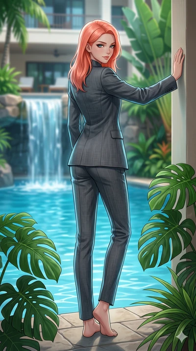 score_9, masterpiece, best quality, ultra-detailed, high-budget anime keyframe, editorial fashion photography, tasteful artistic composition, Japanese woman. low angle full-body shot from head to toe showing her feet, filling the entire 9:16 vertical