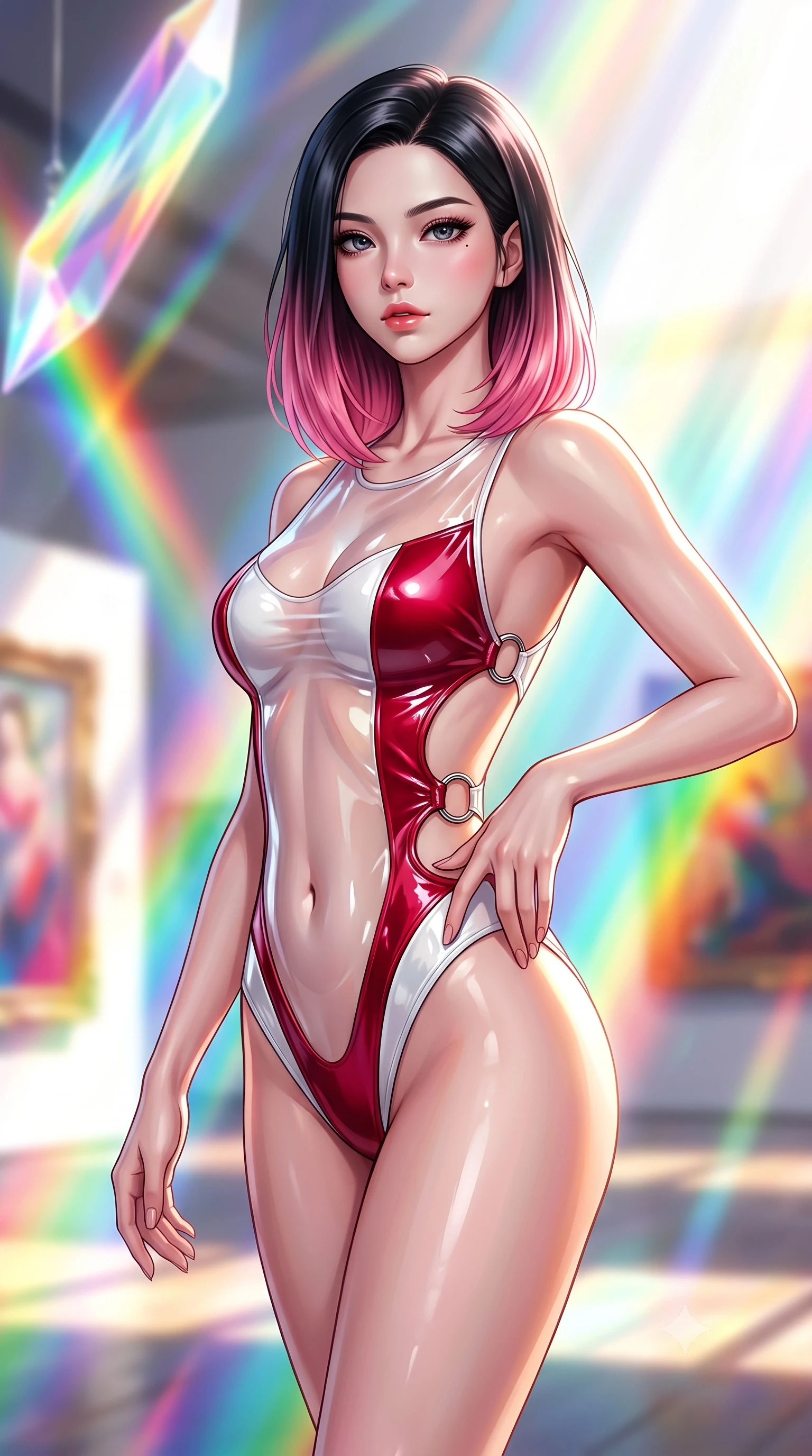score_9, masterpiece, best quality, ultra-detailed, high-budget anime keyframe, semi-realistic 3D game render, editorial fashion photography, tasteful artistic composition, Korean woman. close-up cowboy shot from the waist and thighs up, the character dominates the composition, filling the frame with her large presence. twisting her upper body in a dynamic S-curve with an alluring smolder, one hand trailing along her slender waist while striding commanding through a sun-drenched art hall where giant crystal prisms project vivid rainbow beams. The composition keeps background elements in soft focus with creamy bokeh. bright multi-colored light refractions creating a glowing, spectrum-lit backdrop. She has an exceptionally elegant, slender, and willowy female figure with an ultra-slim waist, a gracefully sculpted slender torso, toned flat midriff, and a refined slim silhouette. sharp v-shaped jawline, high-bridge nose, intricate jewel-like eyes with depth, thick eyelashes, glossy lips with a natural sheen, flawlessly proportioned anatomical accuracy, strict slender model proportions, natural body alignment, perfectly sculpted long slender limbs, ultra-slim waistline, clean dynamic posture without body distortion. wearing a high-cut translucent vinyl leotard with front paneling, exposed side-rib cutouts, and an open back in radiant crimson silk and crisp snow white, formed from high-gloss patent material with specular light reflections, detailed with polished silver rings connecting the daring side-waist cutouts, the precision-cut daring openings accentuating her delicate midriff, graceful bare collarbones, and ultra-slim feminine waistline. bathed in brilliant natural white daylight intersected by vivid saturated rainbow prism beams. highly saturated vibrant anime colors, detailed shading with soft gradients, rich glossy textures, high-contrast stereoscopic depth, volumetric dynamic lighting, master piece, 9:16 ratio