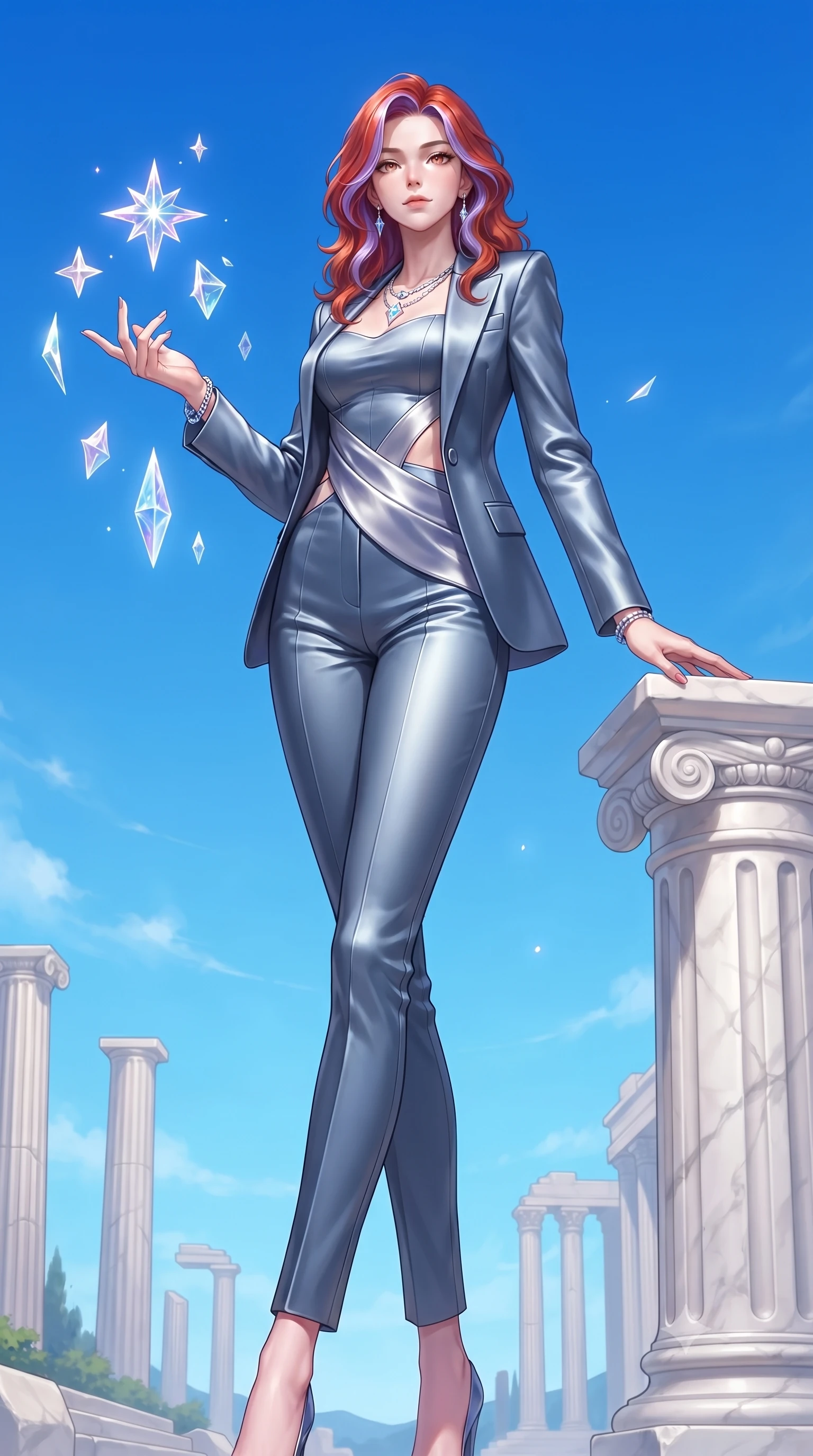 score_9, masterpiece, best quality, ultra-detailed, high-budget anime keyframe, editorial fashion photography, tasteful artistic composition, Caucasian woman. low angle full-body shot from head to toe showing her feet, filling the entire 9:16 vertical frame with her statuesque presence, stretching her vertical silhouette. interacting gracefully with the magical floating elements while maintaining a confident posture resting against a sculpted white marble pedestal under a clear blue sky, draped metallic fabric echoing the graceful carved folds of classical sculptures. She has an absolutely perfect, statuesque 8.5-heads proportion, an exceptionally tall and slender model-like female figure with impossibly long slender legs and an ultra-slim waist. sharp v-shaped jawline, high-bridge nose, intricate jewel-like eyes with depth, thick eyelashes, glossy lips with a natural sheen. wearing a tailored silk blazer over a form-contouring top and fitted slacks in slate blue and metallic silver, crafted from lustrous satin jersey with fluid draping, featuring clean architectural cutouts along her slender torso, the elegant draped fit framing her graceful clavicle and slender torso. surrounded by a noble, timeless acropolis radiance. highly saturated vibrant anime colors, detailed shading with soft gradients, rich glossy textures, high-contrast stereoscopic depth, volumetric dynamic lighting, master piece, 9:16 ratio