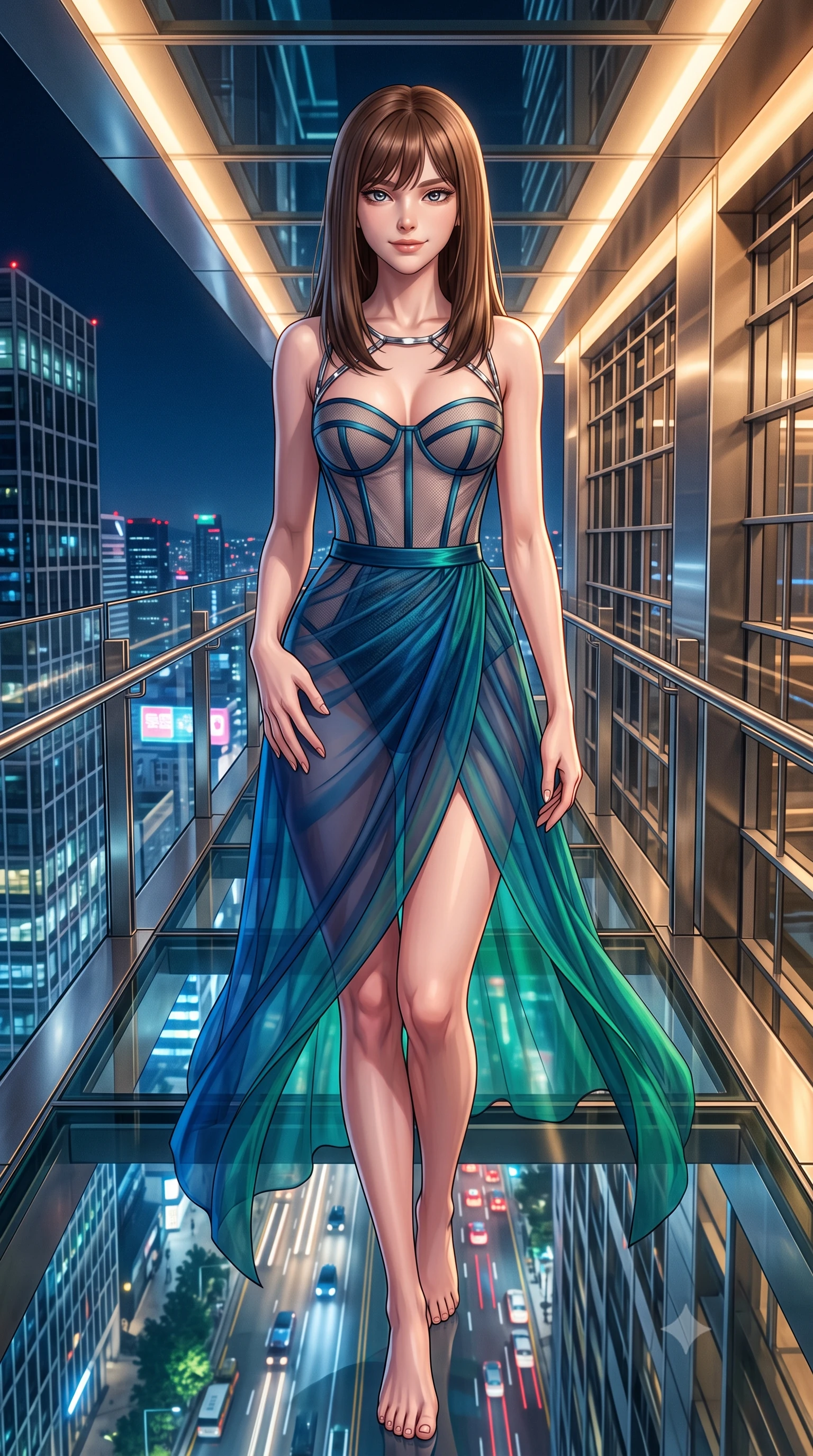 score_9, masterpiece, best quality, ultra-detailed, high-budget anime keyframe, editorial fashion photography, tasteful artistic composition, Korean woman. close-up cowboy shot from the waist and thighs up, the character dominates the composition, filling the frame with her large presence. tilting her head with a teasing half-smile, running one hand slowly down the side of her hip in a flirtatious S-curve as ambient light caresses her silhouette while standing poised on the frameless glass floor of the cantilevered skybridge 500 meters above Gangnam, arching her lower back with sovereign supermodel poise as traffic streaks below. The surrounding environment is rendered in vivid detail and crisp panoramic clarity: sharp architectural chrome finishes, crystal-clear triple-glazed floor panels, and intricate high-rise facade grids in deep focus. She has an exceptionally elegant, slender, and willowy female figure with an ultra-slim waist, flat toned midriff, narrow ribcage, and sculpted feminine hips creating an alluring, slim hourglass silhouette without bulk. sharp v-shaped jawline, high-bridge nose, intricate jewel-like sparkling eyes with depth, thick eyelashes, glossy parted lips with a natural peach sheen, bright cheerful beaming smile with an enchanting and coquettish sensual glint, exuding both youthful cute charm and seductive allure, flawlessly proportioned anatomical accuracy, strict slender model proportions, natural body alignment, perfectly sculpted long slender limbs, ultra-slim waistline, clean dynamic posture without body distortion. wearing a provocative translucent mesh corset bodice with boned satin channels paired with a sheer chiffon wrap skirt in abyssal ocean sapphire and bioluminescent emerald, woven from structured carbon-fiber jacquard with rich textural depth, accented with a chrome-drop body harness subtly framing her dewy collarbones and spine, the precision-cut side openings and low-back scoop framing her graceful spine and the sensual sweep of her slim, toned hips. bathed in warm 2700K ambient bar cove lighting paired with cool electric-blue skyscraper panorama radiance. ultra-reflective glossy finish, specular highlights, rich textural contrasts, high-contrast stereoscopic depth, volumetric dynamic lighting, 2k, ultra detail, master piece, 9:16 ratio