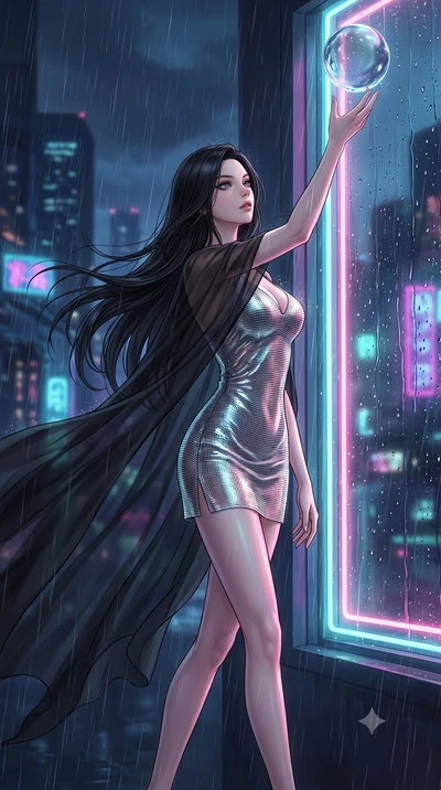 score_9, masterpiece, best quality, ultra-detailed, High-budget Anime Keyframe, East Asian woman. Dynamic full-body shot stretching the vertical silhouette to the limit. Scenario 470: reaching out to catch a floating sphere of liquid light in a glowi