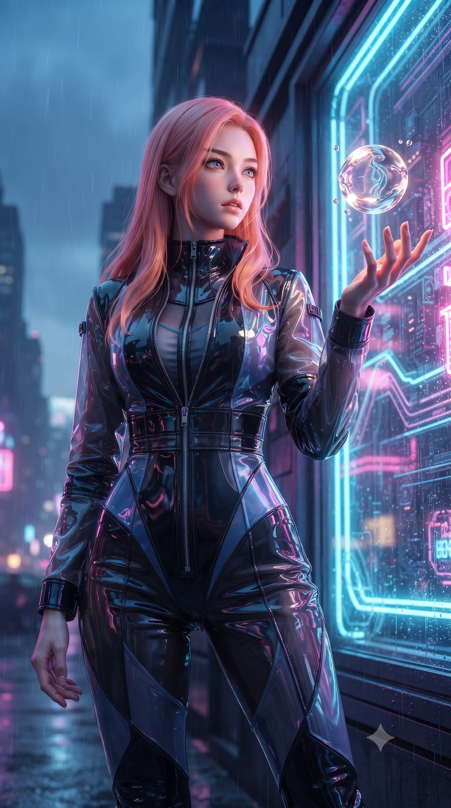 score_9, masterpiece, best quality, ultra-detailed, High-budget Anime Keyframe, editorial fashion photography, tasteful artistic composition, realistic cosplay photography, East Asian woman. Low angle cowboy shot filling the entire 9:16 frame with her statuesque presence. Scenario 318: reaching out to catch a floating sphere of liquid light in a glowing neon window at twilight with soft rain falling. Her presence is magnetic and overpowering in this high-budget cinematic scene. Outfit 318: a slim-fit patent leather second with a unzipped detail and translucent layers. The clothing is designed to emphasize her exceptionally tall and slender 8-heads proportion. 8-heads proportion, towering silhouette, ultra-slim waist. sharp v-shaped jawline, intricate jewel-like eyes with depth, thick eyelashes, glossy lips. ultra-reflective glossy finish, specular highlights, metallic sheen, high-contrast stereoscopic depth, volumetric dynamic lighting, 2k, ultra detail, master piece, 9:16 ratio
