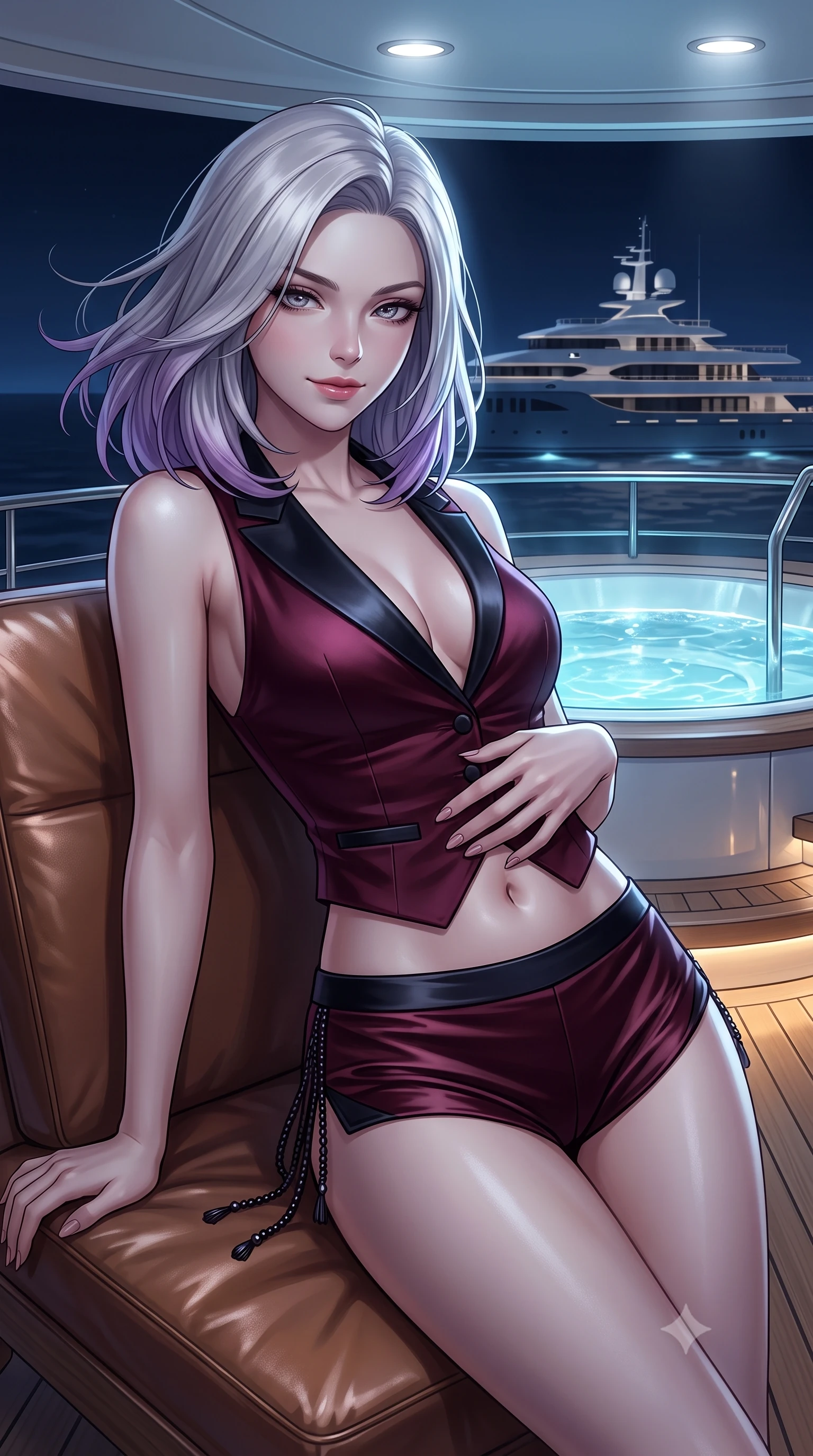 score_9, masterpiece, best quality, ultra-detailed, high-budget anime keyframe, editorial fashion photography, tasteful artistic composition, Caucasian woman. close-up cowboy shot from the waist and thighs up, the character dominates the composition, filling the frame with her large presence. leaning back against the leather lounge with relaxed seductive grace, one hand resting on her flat midriff as her narrow waist and curvy hips command the frame while twisting her slender torso in an alluring S-curve beside the illuminated glass jacuzzi, midnight sea breezes molding her gown to her hips and waist. The surrounding environment is rendered in vivid detail and crisp panoramic clarity. detailed fluid gown texture, ocean breeze in hair, and superyacht naval architecture in high resolution. She has an exceptionally elegant, slender, and willowy female figure with an ultra-slim waist, flat toned midriff, narrow ribcage, and sculpted feminine hips creating an alluring, slim hourglass silhouette without bulk. sharp v-shaped jawline, high-bridge nose, intricate jewel-like dark sparkling eyes with dangerous depth, thick curled eyelashes, glossy parted lips with a rich wine sheen, smoldering seductive half-smile with bedroom-eyes, exuding effortless superiority and intoxicating dark allure, flawlessly proportioned anatomical accuracy, strict slender model proportions, natural body alignment, perfectly sculpted long slender limbs, ultra-slim waistline, clean dynamic posture without body distortion. wearing a tailored satin tuxedo vest worn closed against bare skin with high-cut tailored satin hot-pants in deep wine burgundy and lustrous obsidian, tailored from fine lightweight midnight wool crepe with crisp architectural structure, accented with fine jet-black beaded tassels that sway with each movement, the glove-like silhouette tightly following the natural contour of her hips and long slender legs with youthful 8.5-heads elegance. bathed in cold silver moonlight from above and warm low-level teak deck LED wash. ultra-reflective glossy finish, specular highlights, rich textural contrasts, high-contrast stereoscopic depth, volumetric dynamic lighting, 2k, ultra detail, master piece, 9:16 ratio
