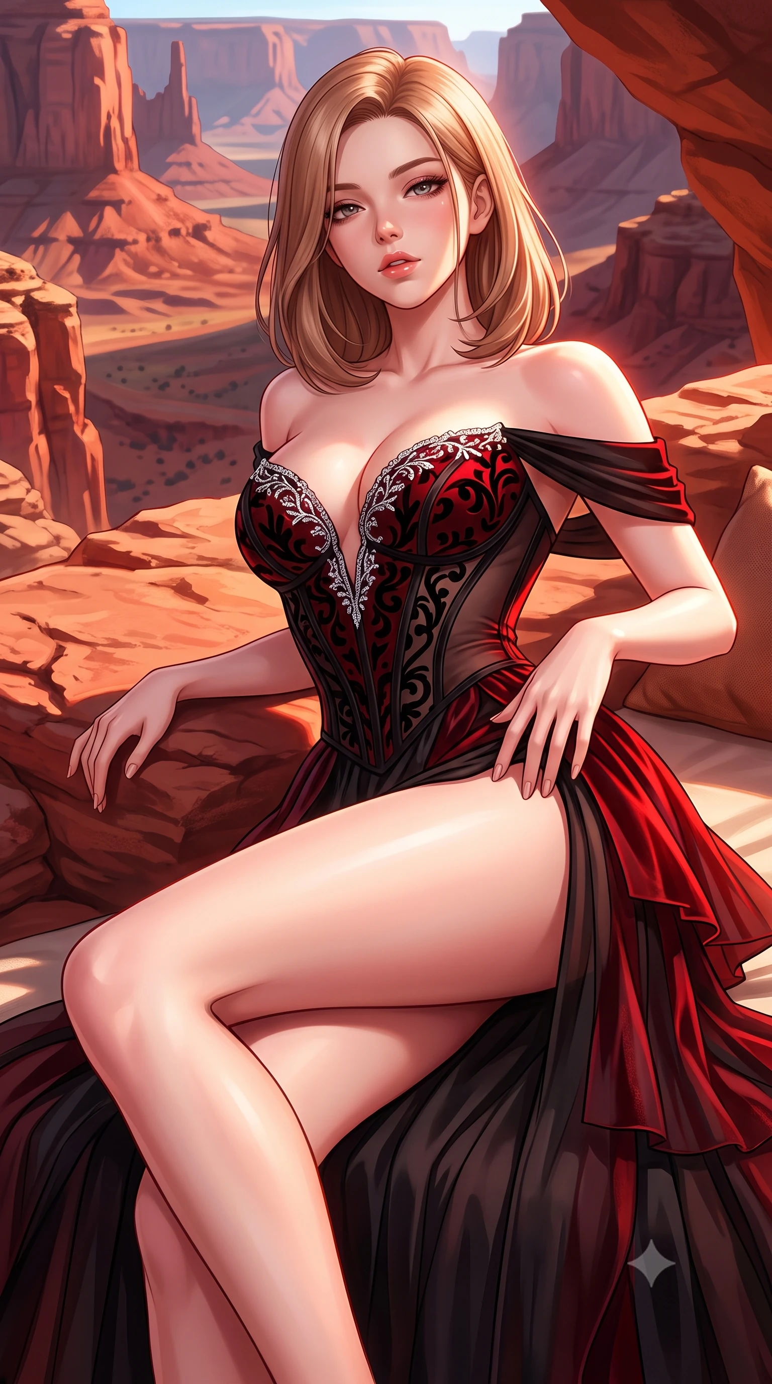 score_9, masterpiece, best quality, ultra-detailed, high-budget anime keyframe, semi-realistic 3D game render, editorial fashion photography, tasteful artistic composition, Korean woman. close-up cowboy shot from the waist and thighs up, the character dominates the composition, filling the frame with her large presence. arching her spine backward with effortless dancer poise, one hand sliding along her hip line as directional light carves specular highlights along her silhouette while reclining on a sun-warmed red rock terrace daybed propped on one elbow, arching her lower back to accentuate her curvy hips against the canyon panorama. The surrounding environment is rendered in vivid detail and crisp panoramic clarity. rich high-contrast desert vortex chiaroscuro and ultra-luxury Southwestern sanctuary aesthetics in precision. She has an exceptionally elegant, slender, and willowy female figure with an ultra-slim waist, flat toned midriff, narrow ribcage, and sculpted feminine hips creating an alluring, slim hourglass silhouette without bulk. sharp v-shaped jawline, high-bridge nose, intricate jewel-like eyes with depth, thick eyelashes, glossy parted lips with a natural sheen, intensely captivating and seductive bedroom-eyes expression, flawlessly proportioned anatomical accuracy, strict slender model proportions, natural body alignment, perfectly sculpted long slender limbs, ultra-slim waistline, clean dynamic posture without body distortion. wearing an off-shoulder French court corset bodice dress paired with a tiered translucent chiffon slit skirt in phantom obsidian black and blood-red velvet, made of sheer contouring power-mesh with velvet flocking patterns, finished with delicate crystal frost embroidery tracing the plunging neckline, the glove-like aerodynamic silhouette tightly following the natural contour of her hips and long slender legs with statuesque 8.5-heads elegance. bathed in blazing crimson and copper sunset backlighting and warm sandstone bounce fill. highly saturated vibrant anime colors, detailed shading with soft gradients, rich glossy textures, high-contrast stereoscopic depth, volumetric dynamic lighting, master piece, 9:16 ratio