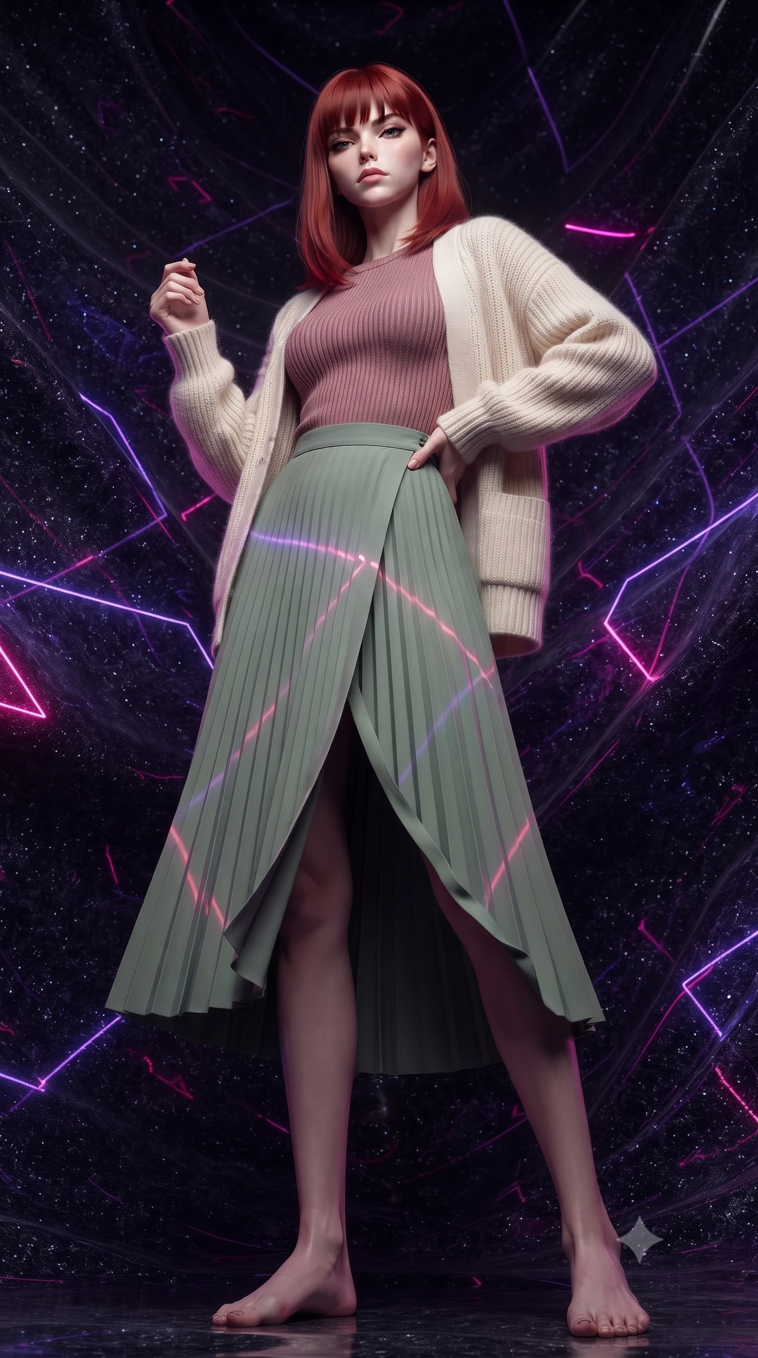 score_9, masterpiece, best quality, ultra-detailed, high-budget anime keyframe, editorial fashion photography, tasteful artistic composition, Caucasian woman, strictly human ears. low angle full-body shot from head to toe showing her feet, filling the entire 9:16 vertical frame with her statuesque presence, stretching her vertical silhouette. striking a commanding pose within a chamber woven entirely from visible dark matter that shimmers like the darkest silk threaded with captured starlight the walls undulating slowly like cosmic fabric breathing in gravitational waves. She has a statuesque 8.5-heads proportion, an exceptionally tall, slender and willowy model-like build with impossibly long legs and a highly sculpted ultra-slim waist. sharp v-shaped jawline, high-bridge nose, intricate jewel-like eyes with depth, thick eyelashes, glossy lips with a natural sheen. wearing a dusty rose ribbed knit top layered under a cream wool cardigan, paired with a sage green pleated wrap midi skirt. laser lines of violet and hot pink reflecting off surfaces casting geometric neon highlights. 2k, ultra detail, master piece, 9:16 ratio