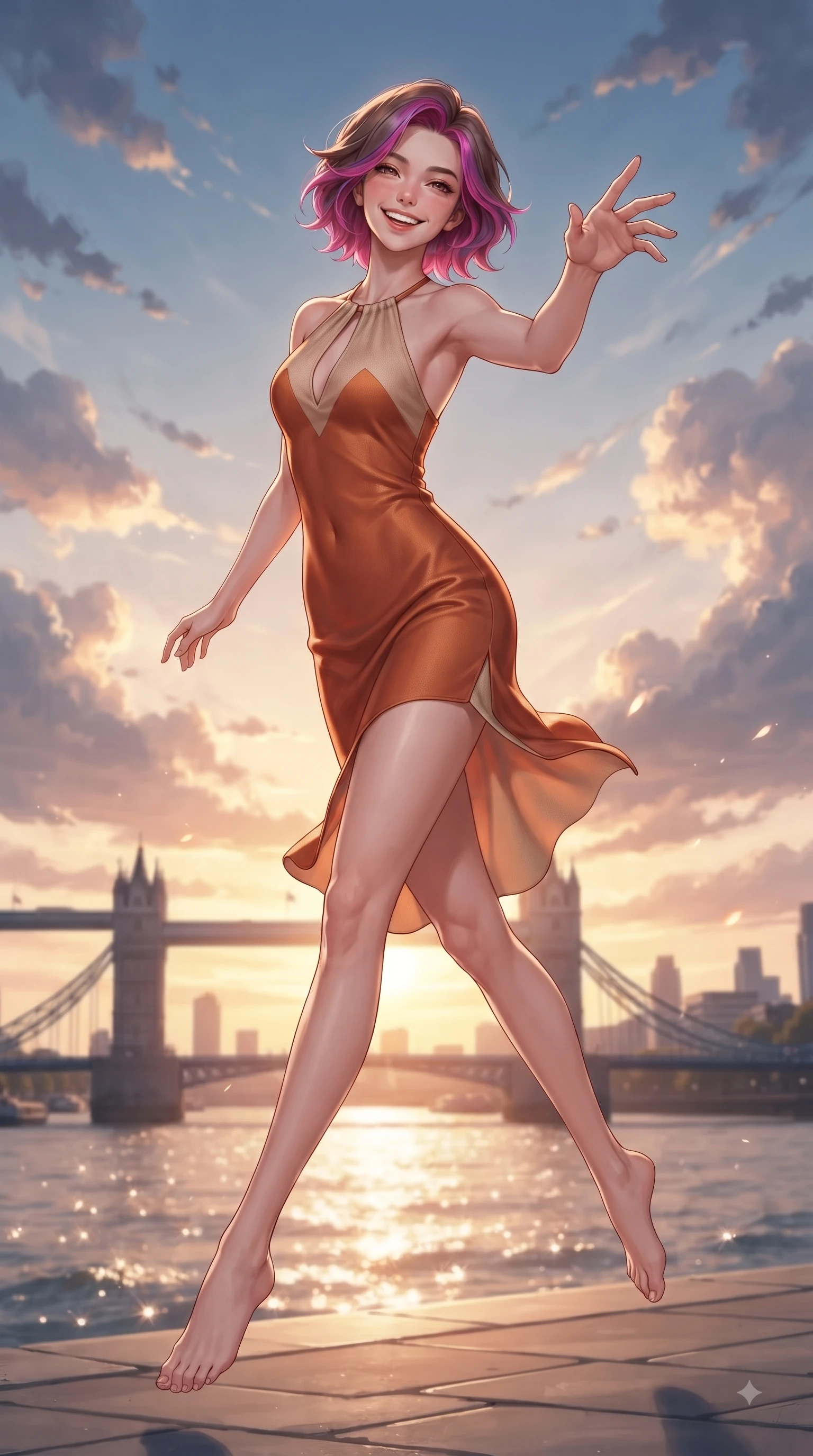 score_9, masterpiece, best quality, ultra-detailed, high-budget anime keyframe, editorial fashion photography, tasteful artistic composition, Caucasian woman. low angle full-body shot from head to toe showing her feet, filling the entire 9:16 vertical frame with her statuesque presence, stretching her vertical silhouette. leaping with pure youthful energy through the scene with a radiant bright smile, her long slender legs balanced gracefully while reaching one hand out playfully toward the camera with a joyful, beaming smile. The surrounding environment is rendered in vivid detail and crisp panoramic clarity. sparkling river waters, iconic city bridge outlines, and dramatic sunset sky clouds in crisp detail. She has an absolutely perfect, statuesque 8.5-heads proportion, an exceptionally tall and slender model-like female figure with impossibly long slender legs and an ultra-slim waist. sharp v-shaped jawline, high-bridge nose, intricate jewel-like eyes with depth, thick eyelashes, glossy lips with a natural sheen, flawlessly proportioned anatomical accuracy, natural body alignment, perfectly sculpted elegant limbs, clean dynamic posture without body distortion. wearing a delicate silk halter-neck dress following her curves gracefully in bright burnt orange and warm beige, knitted from soft cozy cashmere yarn, accented with a Tasteful chest slit framing her clavicle gracefully, the tailored fabric tightly following every curve of her athletic build. surrounded by a serene, uplifting, and romantic park ambiance. ultra-reflective glossy finish, specular highlights, metallic sheen, high-contrast stereoscopic depth, volumetric dynamic lighting, 2k, ultra detail, master piece, 9:16 ratio