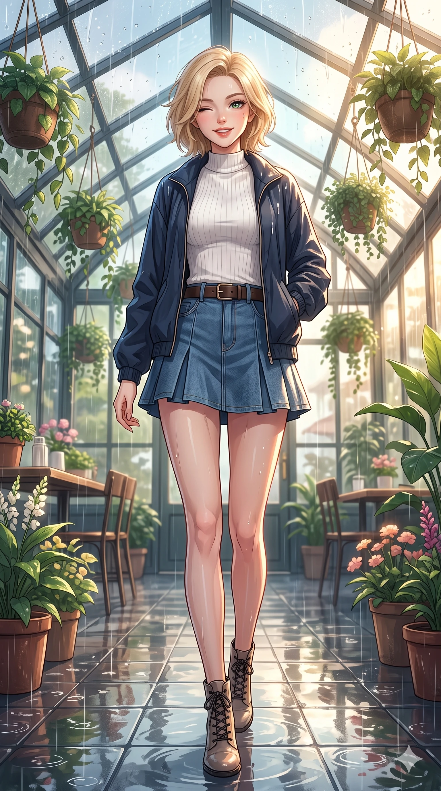 score_9, masterpiece, best quality, ultra-detailed, high-budget anime keyframe, vibrant anime aesthetic, Caucasian woman, strictly human ears. low angle full-body shot from head to toe showing her feet, filling the entire 9:16 vertical frame with her statuesque presence, stretching her vertical silhouette. She is walking down a rain-slicked path, winking and smiling cheerfully, gazing at the camera with sparkling eyes with a gentle tilt of her head. inside a spacious greenhouse cafe filled with hanging plants, where rain drums softly on the glass roof panels (Code-P22-016). She has an absolutely perfect 8-heads proportion, an exceptionally tall and slender female figure with impossibly long slender legs and an ultra-slim waist. V-shaped jawline, high-bridge nose, intricate jewel-like eyes with depth, thick eyelashes, glossy lips with a natural sheen. wearing a modern windbreaker in navy over a high-neck shirt and a pleated denim skirt with an elegant leather belt. She is drenched in brilliant morning sunshine reflecting off wet glass domes, highlighting her winking face and glossy lips in the rainy afternoon. 2k, ultra detail, master piece, 9:16 ratio