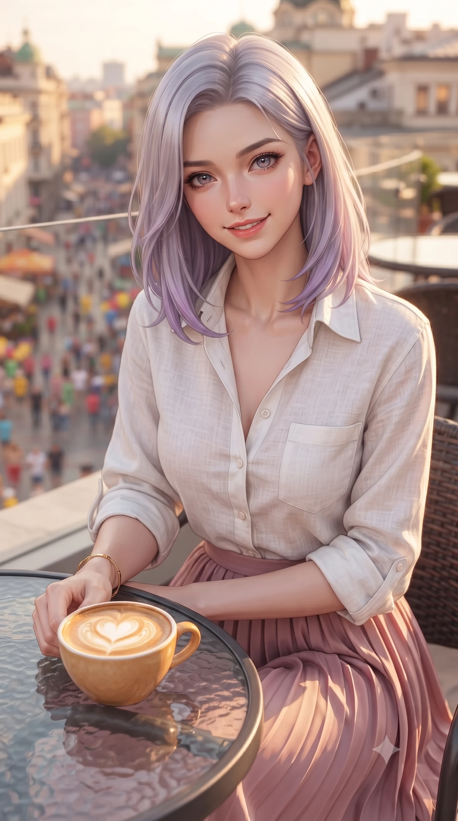 score_9, masterpiece, best quality, ultra-detailed, high-budget anime keyframe, editorial fashion photography, tasteful artistic composition, Caucasian woman. close-up cowboy shot from the waist and thighs up, the character dominates the composition, filling the frame with her large presence, background elements kept in soft focus. gazing at the camera with a warm, lovely smile and cute, friendly eye contact set against a soft-focus background of on a rooftop cafe terrace overlooking a busy pedestrian street below with a warm cup of cafe latte with heart-shaped foam art on the table. She has an exceptionally elegant, slender, and willowy female figure with an ultra-slim waist, a gracefully sculpted slender torso, and a refined silhouette. sharp v-shaped jawline, high-bridge nose, intricate jewel-like eyes with depth, thick eyelashes, glossy lips with a natural sheen. wearing body-hugging casual linen button-down shirt in white, paired with a flowy pleated skirt in dusty pink. warm golden lighting creating a cozy, relaxing weekend mood. ultra-reflective glossy finish, specular highlights, metallic sheen, high-contrast stereoscopic depth, volumetric dynamic lighting, 2k, ultra detail, master piece, 9:16 ratio