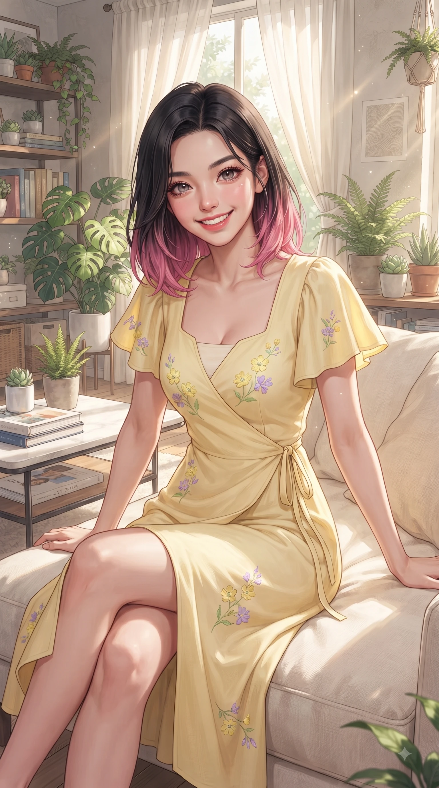 score_9, masterpiece, best quality, ultra-detailed, high-budget anime keyframe, editorial fashion photography, tasteful artistic composition, Korean woman. close-up cowboy shot from the waist and thighs up, the character dominates the composition, filling the frame with her large presence. Cheerful beaming smile with sparkling eyes and a fresh girlhood aura, leaning forward with playful grace while lounging comfortably on a soft cream sofa in a sunlit living room filled with indoor green plants. The surrounding environment is rendered in vivid detail and crisp panoramic clarity. crisp morning sunbeams streaming through sheer drapes into a beautifully detailed living room space. She has an exceptionally elegant, slender, and willowy female figure with an ultra-slim waist, a gracefully sculpted slender torso, and a refined silhouette. sharp v-shaped jawline, high-bridge nose, intricate jewel-like eyes with depth, thick eyelashes, glossy lips with a natural sheen, flawlessly proportioned anatomical accuracy, natural body alignment, perfectly sculpted elegant limbs, clean dynamic posture without body distortion. wearing an elegant butter-yellow wrap midi dress with subtle floral embroidery and flutter sleeves in soft lemon yellow and lavender violet, crafted from soft breathable linen, featuring elegant flutter sleeves and a graceful square neckline, the soft airy drape swaying gracefully with her dynamic movements. illuminated by cozy ambient indoor glow and clean natural sunlight. ultra-reflective glossy finish, specular highlights, metallic sheen, high-contrast stereoscopic depth, volumetric dynamic lighting, 2k, ultra detail, master piece, 9:16 ratio