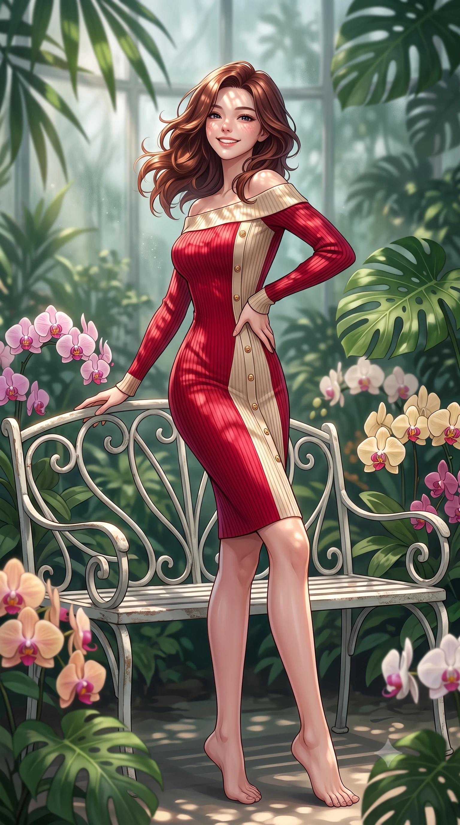 score_9, masterpiece, best quality, ultra-detailed, high-budget anime keyframe, editorial fashion photography, tasteful artistic composition, Korean woman. low angle full-body shot from head to toe showing her feet, filling the entire 9:16 vertical frame with her statuesque presence, stretching her vertical silhouette. performing a cheerful mid-motion turn with flawless poise, her radiant smile capturing fresh girlhood energy while sitting on a white iron garden bench surrounded by blooming orchids and Monstera leaves. The composition keeps background elements in soft focus with dreamy bokeh. tropical plant foliage and misty glass panes blurred into a dreamy emerald background bokeh. She has an absolutely perfect, statuesque 8.5-heads proportion, an exceptionally tall and slender model-like female figure with impossibly long slender legs and an ultra-slim waist. sharp v-shaped jawline, high-bridge nose, intricate jewel-like eyes with depth, thick eyelashes, glossy lips with a natural sheen, flawlessly proportioned anatomical accuracy, natural body alignment, perfectly sculpted elegant limbs, clean dynamic posture without body distortion. wearing a sleek off-shoulder ribbed knit dress accentuating her graceful collarbones and slender waist in vivid crimson red and champagne cream, tailored from fine wool crepe with clean lines, adorned with delicate gold buttons along the front, the sleek second-skin texture accentuating her magnetic presence. illuminated by fresh botanical sunbeams casting delicate leaf patterns. highly saturated vibrant anime colors, detailed shading with soft gradients, rich glossy textures, high-contrast stereoscopic depth, volumetric dynamic lighting, master piece, 9:16 ratio
