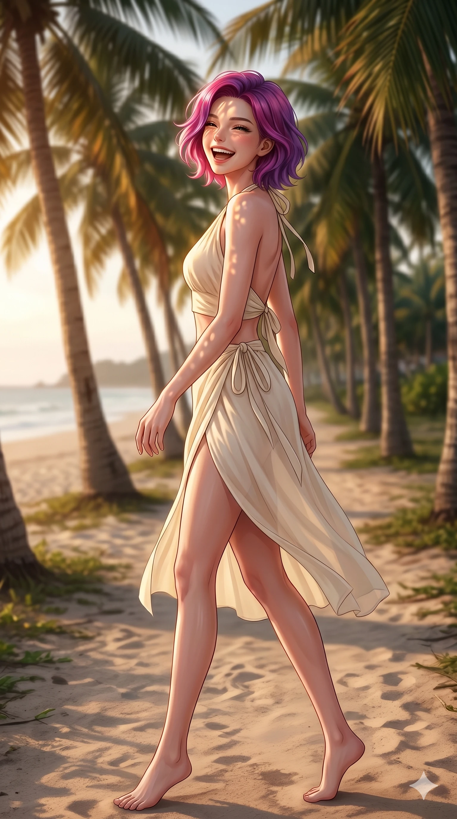 score_9, masterpiece, best quality, ultra-detailed, high-budget anime keyframe, editorial fashion photography, tasteful artistic composition, Caucasian woman, strictly human ears. cowboy shot from the thighs up, character and outfit filling the frame for maximum editorial presence. turning around with a bright laugh, her eyes full of happiness and warmth walking along a sandy path lined with palm trees near the beach. She has an absolutely perfect 8-heads proportion, an exceptionally tall and slender female figure with impossibly long slender legs and an ultra-slim waist. V-shaped jawline, high-bridge nose, intricate jewel-like eyes with depth, thick eyelashes, glossy lips with a natural sheen. wearing a lightweight chiffon crop halter top and a matching wrap skirt with a high side slit. bathed in warm golden hour light filtering through the palm leaves, casting soft patterns. 2k, ultra detail, master piece, 9:16 ratio