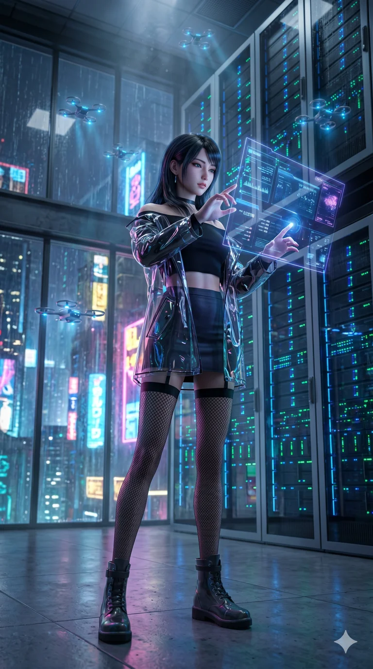 score_9, masterpiece, best quality, ultra-detailed, Photorealistic 8k CG, masterpiece, hyper-realistic SSS skin texture, cinematic ray-tracing, every pore and strand of hair rendered with extreme precision, 8k resolution, Japanese woman with delicate and elegant anime-inspired features. Wide-angle low shot emphasizing her impossibly long slender legs and commanding stature. Commanding a massive fleet of holographic drones within a high-security data center, her fingers dancing across invisible interfaces. She has an absolutely perfect 8-heads proportion, an exceptionally tall and slender female figure with impossibly long slender legs and an ultra-slim waist, her statuesque height and towering silhouette dominating the vertical 9:16 frame. Her face is a masterpiece featuring a sharp v-shaped jawline, high-bridge nose, intricate jewel-like eyes with depth, thick eyelashes, and glossy lips with a natural sheen. She is wearing a Off-shoulder crop top paired with micro-skirts and thigh-high fishnet stockings crafted from Transparent PVC with a high-gloss finish that reveals the intricate layers beneath, featuring a crystalline structure that catches the light and reveals her slender frame. The scene is set in a sprawling cyberpunk metropolis in heavy rain with vibrant neon glows reflecting on every surface, illuminated by volumetric light beams cutting through a hazy atmosphere, creating a sense of depth. 2k, ultra detail, master piece, 9:16 ratio