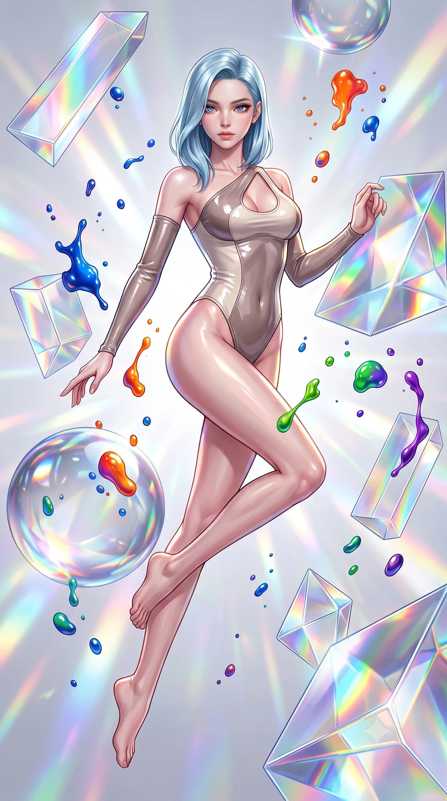 score_9, masterpiece, best quality, ultra-detailed, high-budget anime keyframe, editorial fashion photography, tasteful artistic composition, Korean woman. low angle full-body shot from head to toe showing her feet, filling the entire 9:16 vertical frame with her statuesque presence, stretching her vertical silhouette. leaping gracefully through the environment with statuesque elegance and long slender legs interacting with floating glass prisms that refract liquid light into rainbows, vibrant paint droplets frozen in time casting specular highlights. She has an absolutely perfect, statuesque 8.5-heads proportion, an exceptionally tall and slender model-like female figure with impossibly long slender legs and an ultra-slim waist. sharp v-shaped jawline, high-bridge nose, intricate jewel-like eyes with depth, thick eyelashes, glossy lips with a natural sheen. wearing an asymmetrical high-cut tech-bodysuit with detached sleeves in muted taupe and soft ivory, tailored from high-gloss patent leather, accented with a Tasteful chest slit framing her clavicle gracefully, the form-contouring material highlighting her ultra-slim waist and long lines. drenched in bright white key light with colorful prismatic rim lighting. highly saturated vibrant anime colors, detailed shading with soft gradients, rich glossy textures, high-contrast stereoscopic depth, volumetric dynamic lighting, master piece, 9:16 ratio