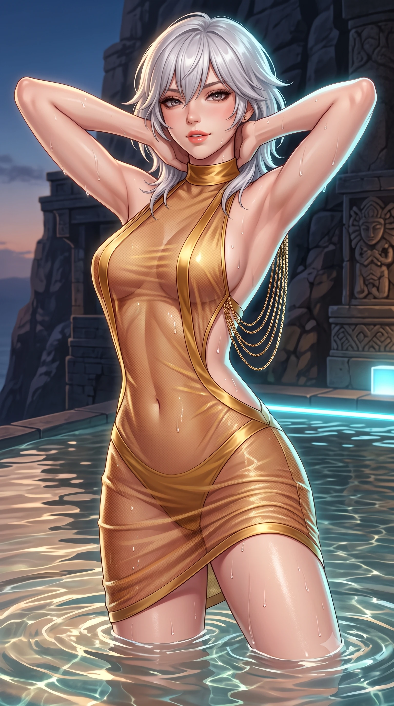 score_9, masterpiece, best quality, ultra-detailed, high-budget anime keyframe, semi-realistic 3D game render, editorial fashion photography, tasteful artistic composition, Japanese woman. close-up cowboy shot from the waist and thighs up, the character dominates the composition, filling the frame with her large presence. resting both hands lightly behind her neck with elbows raised, arching her spine to highlight her narrow waist, flat midriff, and breathtaking collarbones while stepping gracefully into the heated cliffside plunge pool with water lapping at her thighs, arching her spine with breathtaking siren elegance. The surrounding environment is rendered in vivid detail and crisp panoramic clarity: detailed wet fabric weave, glistening water drops on skin, and cliffside architecture in high resolution. She has an exceptionally elegant, slender, and willowy female figure with an ultra-slim waist, flat toned midriff, narrow ribcage, and sculpted feminine hips creating an alluring, slim hourglass silhouette without bulk. sharp v-shaped jawline, high-bridge nose, sparkling eyes with hypnotic seductive depth, thick curled eyelashes, glossy parted lips with a natural dewy peach sheen, alluring bedroom-eyes with an enchanting coquettish smile, exuding magnetic siren charisma and sophisticated high-fashion glamour, flawlessly proportioned anatomical accuracy, strict slender model proportions, natural body alignment, perfectly sculpted long slender limbs, ultra-slim waistline, clean dynamic posture without body distortion. wearing a provocative high-neck sheer illusion cocktail dress with liquid satin ribbons contouring her curves in warm amber honey and antique gold leaf, made of semi-opaque stretch illusion mesh with soft shadowy contours, accented with an open-back drape framed by falling strands of delicate gold chains, the precision-cut side openings and low-back scoop framing her graceful spine and the sensual sweep of her slim, toned hips. illuminated by aquatic caustic bounce and sharp platinum-cyan rim lights sculpting her jawline, narrow waist, and curvy hips. highly saturated vibrant anime colors, detailed shading with soft gradients, rich glossy textures, high-contrast stereoscopic depth, volumetric dynamic lighting, master piece, 9:16 ratio