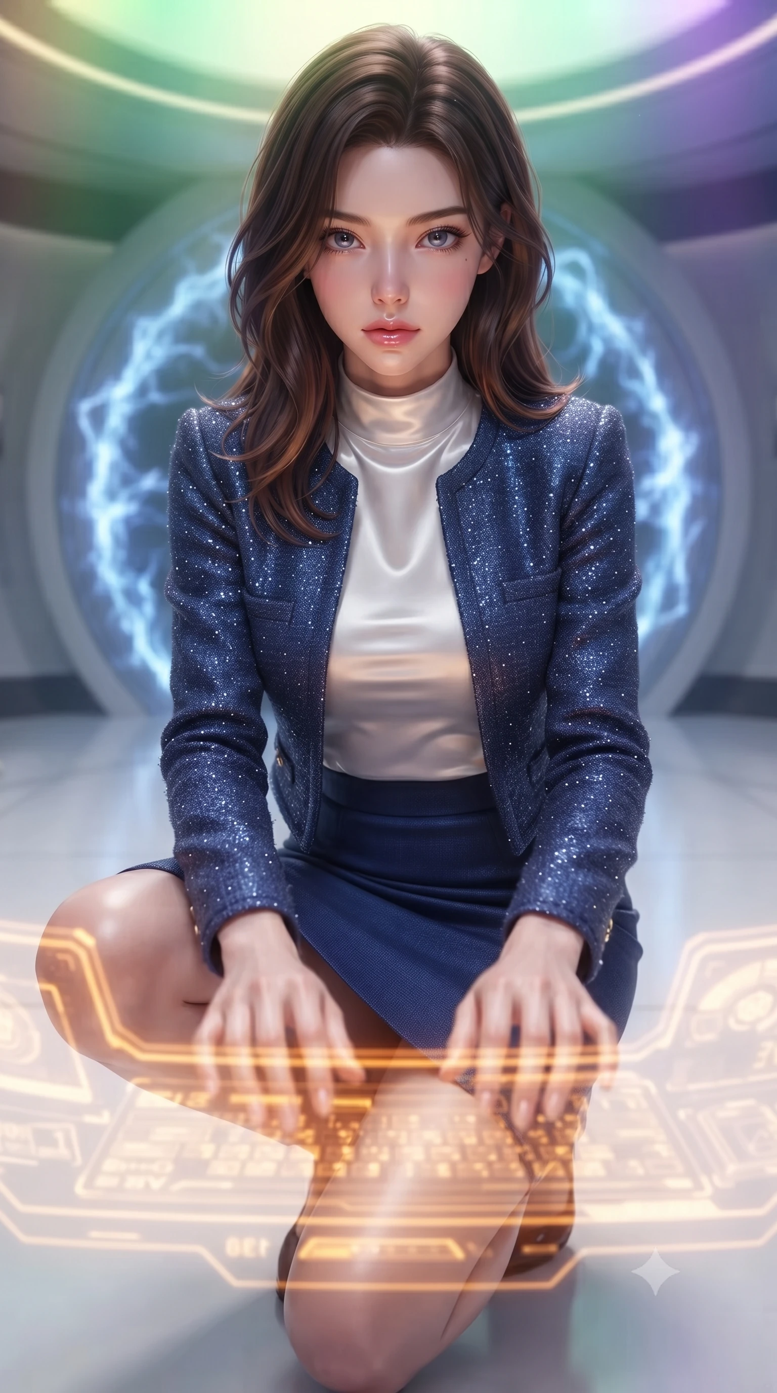 score_9, masterpiece, best quality, ultra-detailed, high-budget anime keyframe, editorial fashion photography, tasteful artistic composition, realistic cosplay photography, Korean woman. close-up cowboy shot from the waist and thighs up, the character dominates the composition, filling the frame with her large presence, background elements kept in soft focus. Hacking a security terminal in a low crouch, fingers moving in a blur as amber code screens surround her. set against a soft-focus background of a teleportation bay with polished white floors, a central ring of blue plasma energy pulsing dynamically. She has an exceptionally elegant and slender, willowy female figure with an ultra-slim waist, a gracefully sculpted slender torso, and a refined slim physique. sharp v-shaped jawline, high-bridge nose, intricate jewel-like eyes with depth, thick eyelashes, glossy lips with a natural sheen. wearing catching and diffusing the glowing particles, shimmering softly in response to the surrounding light, a body-hugging navy blue tweed jacket over a white satin mock-neck top, paired with a matching navy blue pencil skirt. illuminated by a shifting aurora palette of green violet and gold from above. ultra-reflective glossy finish, specular highlights, metallic sheen, high-contrast stereoscopic depth, volumetric dynamic lighting, 2k, ultra detail, master piece, 9:16 ratio