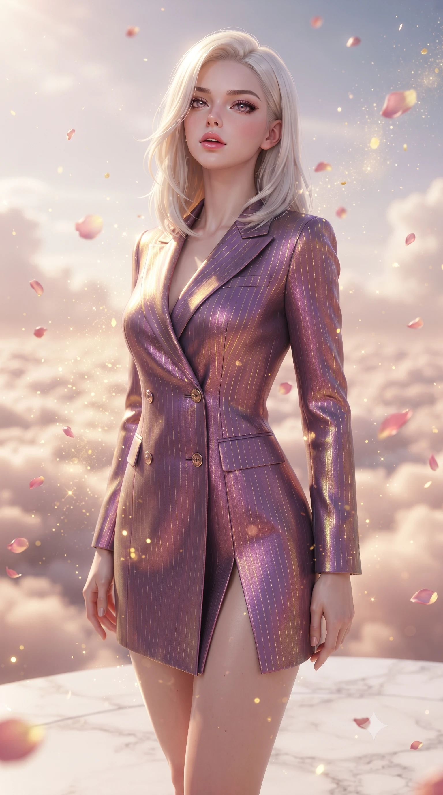 score_9, masterpiece, best quality, ultra-detailed, high-budget anime keyframe, editorial fashion photography, tasteful artistic composition, Caucasian woman. close-up cowboy shot from the waist and thighs up, the character dominates the composition, filling the frame with her large presence, background elements kept in soft focus. Tilting her chin up slightly with lips parted in a magnetic, composed expression standing on a floating white marble terrace above a sea of rose-gold clouds, floating rose petals and golden dust motes sparkling in the air. She has an exceptionally elegant, slender, and willowy female figure with an ultra-slim waist, a gracefully sculpted slender torso, and a refined silhouette. sharp v-shaped jawline, high-bridge nose, intricate jewel-like eyes with depth, thick eyelashes, glossy lips with a natural sheen. wearing a double-breasted blazer dress with metallic pin-stripes in plum purple and gold filigree, crafted from iridescent chiffon that shifts colors in the light, finished with a sleek side slit ascending to mid-thigh, the form-contouring material highlighting her ultra-slim waist and long lines. surrounded by a bright, luxurious aura of warm sunshine and sky reflections. ultra-reflective glossy finish, specular highlights, metallic sheen, high-contrast stereoscopic depth, volumetric dynamic lighting, 2k, ultra detail, master piece, 9:16 ratio