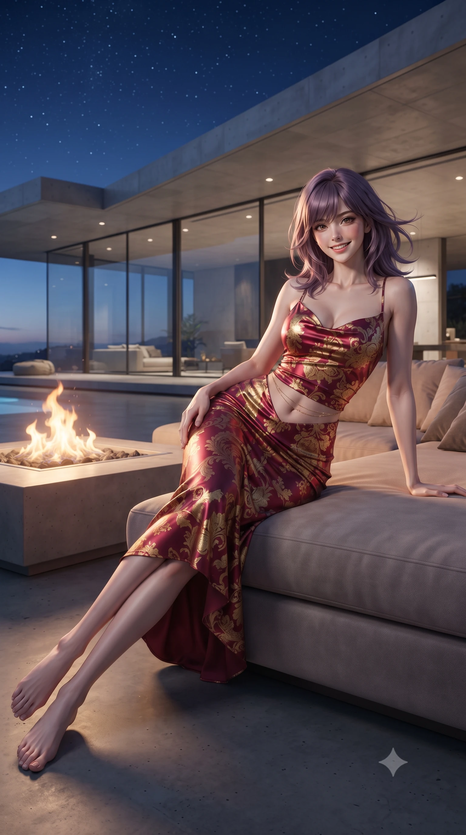 score_9, masterpiece, best quality, ultra-detailed, high-budget anime keyframe, editorial fashion photography, tasteful artistic composition, Japanese woman. low angle full-body shot from head to toe showing her feet, filling the entire 9:16 vertical frame with her statuesque presence, stretching her vertical silhouette. reclining gracefully across the plush chaise lounge with one leg extended, her sculpted silhouette and flat midriff radiating magnetic nocturnal glamour while twisting her slender torso in an alluring contrapposto stance beside the fire pit, ocean breezes tossing her glossy hair as starlight caresses her flat midriff. The surrounding environment is rendered in vivid detail and crisp panoramic clarity: detailed garment cut, bodycon tailoring, and cutting-edge SAOTA modernist architecture in razor-sharp precision. She has an exceptionally tall and slender model-like 8.5-heads proportion, an ultra-slim waist, a flat toned midriff, narrow delicate ribcage, and beautifully sculpted feminine hips creating a graceful, slim hourglass silhouette without any bulky heaviness, with impossibly long slender legs. sharp v-shaped jawline, high-bridge nose, intricate jewel-like sparkling eyes with depth, thick eyelashes, glossy parted lips with a natural peach sheen, bright cheerful beaming smile with an enchanting and coquettish sensual glint, exuding both youthful cute charm and seductive allure, flawlessly proportioned anatomical accuracy, strict slender model proportions, natural body alignment, perfectly sculpted long slender limbs, ultra-slim waistline, clean dynamic posture without body distortion. wearing a sculpted liquid satin bias-cut slip dress tailored with contouring seams that adhere flawlessly over her feminine hips in Bohemian Prague garnet ruby and antique 24k gold leaf, made of fluid liquid jersey with seamless sculpting hold and smooth contours, accented with a dainty gold belly chain resting across her flat midriff and curving hips, the form-contouring silhouette accentuating her sculpted flat midriff, narrow delicate ribcage, and gracefully curvy hips with intoxicating allure. bathed in the dramatic contrast of warm 2200K outdoor fire pit flames and brilliant cool Atlantic starlight and twilight. ultra-reflective glossy finish, specular highlights, rich textural contrasts, high-contrast stereoscopic depth, volumetric dynamic lighting, 2k, ultra detail, master piece, 9:16 ratio