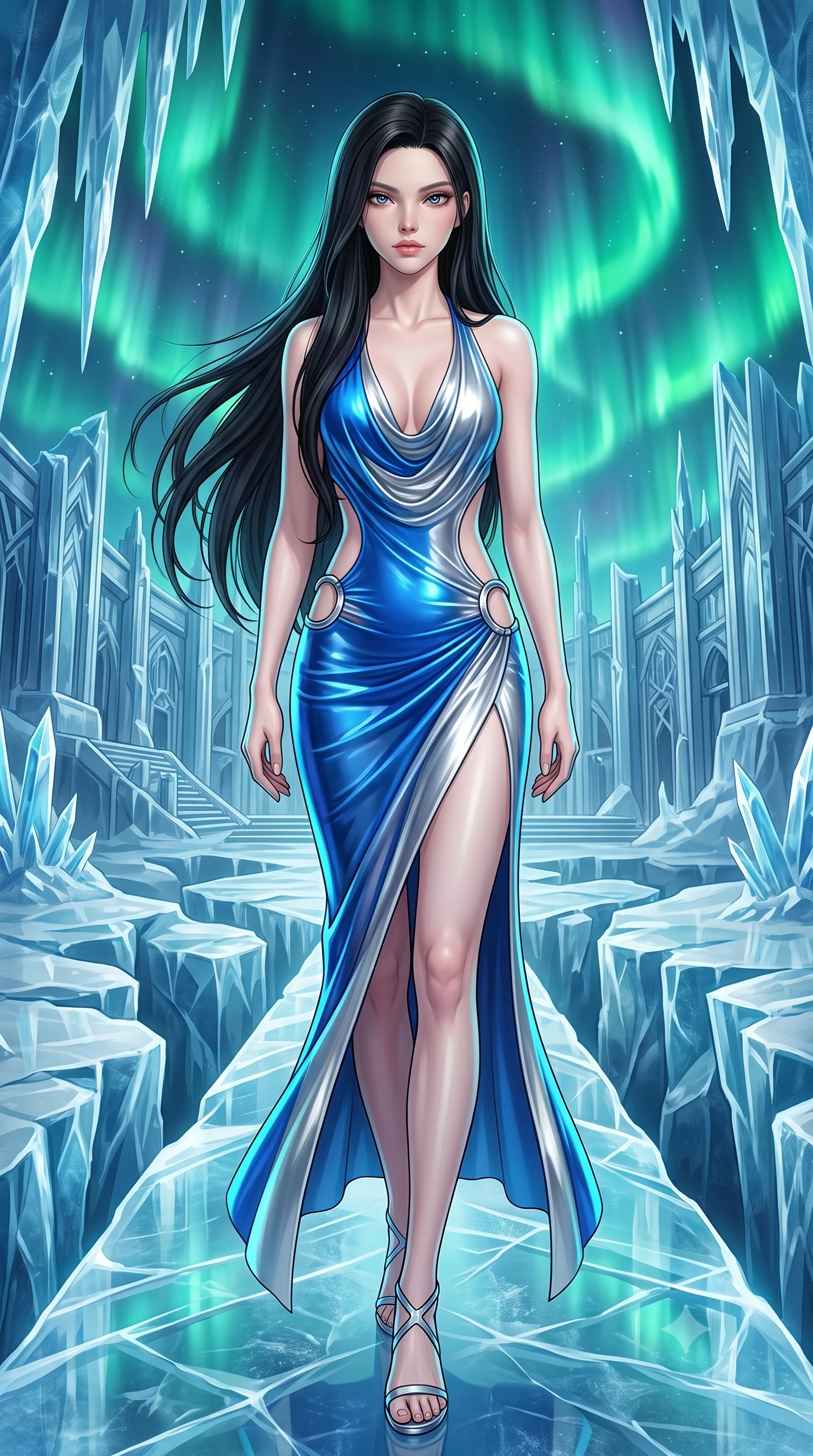 score_9, masterpiece, best quality, ultra-detailed, high-budget anime keyframe, semi-realistic 3D game render, editorial fashion photography, tasteful artistic composition, Korean woman. low angle full-body shot from head to toe showing her feet, filling the entire 9:16 vertical frame with her statuesque presence, stretching her vertical silhouette. striding forward in a proud, statuesque motion with a dangerous smolder, her vertical silhouette dominating the frame from head to toe while striding gracefully along a translucent glacial bridge suspended beneath a swirling emerald aurora in a soaring crystal palace. The surrounding environment is rendered in vivid detail and crisp panoramic clarity. intricate glacial ice fissure geometries, razor-sharp crystal stalactites, and vibrant aurora bands in deep focus. She has an absolutely perfect, statuesque 8.5-heads proportion, an exceptionally tall and slender model-like female figure with impossibly long slender legs, a toned flat midriff, and an ultra-slim waist. sharp v-shaped jawline, high-bridge nose, intricate jewel-like eyes with depth, thick eyelashes, glossy lips with a natural sheen, flawlessly proportioned anatomical accuracy, strict slender model proportions, natural body alignment, perfectly sculpted long slender limbs, ultra-slim waistline, clean dynamic posture without body distortion. wearing a precision-fitted liquid jersey bodycon dress with a dramatic draped cowl back that swoops down to her waist and a high side slit in liquid electric cobalt blue and polished silver, tailored from semi-translucent cybernetic vinyl with glowing micro-filaments, detailed with polished silver rings connecting the daring side-waist cutouts, the glove-like aerodynamic second-skin fit tightly clinging to her ultra-slender waist and athletic curves without adding bulk, accentuating her razor-sharp statuesque lines and slim hourglass silhouette. illuminated by cool white key light and crisp cyan rim highlights tracing her slender curves. highly saturated vibrant anime colors, detailed shading with soft gradients, rich glossy textures, high-contrast stereoscopic depth, volumetric dynamic lighting, master piece, 9:16 ratio