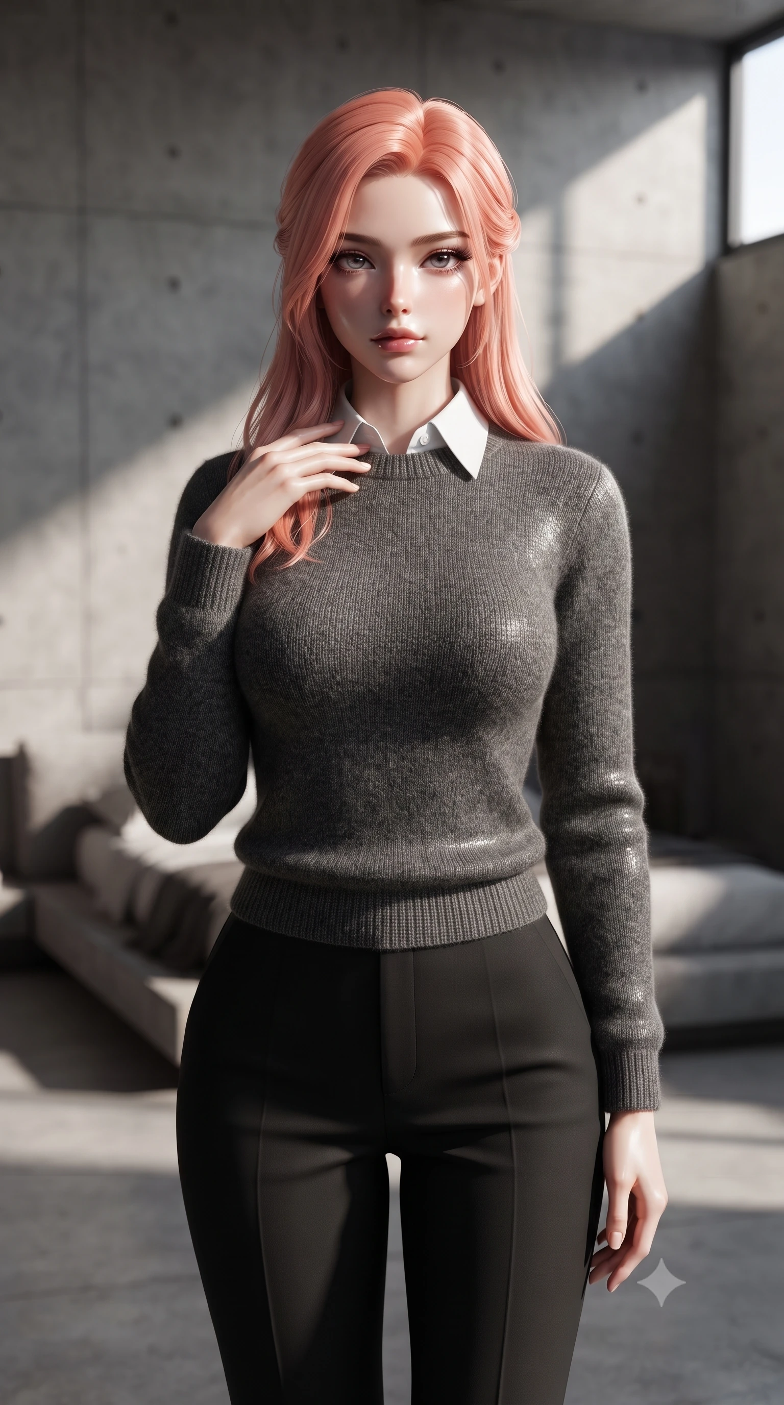 score_9, masterpiece, best quality, ultra-detailed, high-budget anime keyframe, editorial fashion photography, tasteful artistic composition, Japanese woman woman. close-up cowboy shot from the waist and thighs up, the character dominates the composition, filling the frame with her large presence, background elements kept in soft focus. standing with one hand resting on her collarbone, looking at the viewer with bedroom-eyes the background shows a soft-focus a spacious minimalist bedroom with raw concrete walls and a low platform bed. She has an exceptionally elegant, slender, and willowy female figure with an ultra-slim waist, a gracefully sculpted slender torso, and a refined silhouette. sharp v-shaped jawline, high-bridge nose, intricate jewel-like eyes with depth, thick eyelashes, glossy lips with a natural sheen. wearing a body-hugging cozy charcoal grey knit sweater over a white collared shirt and black slacks. stark afternoon sunbeams slicing through a high window, creating Chiaroscuro shadows. ultra-reflective glossy finish, specular highlights, metallic sheen, high-contrast stereoscopic depth, volumetric dynamic lighting, 2k, ultra detail, master piece, 9:16 ratio