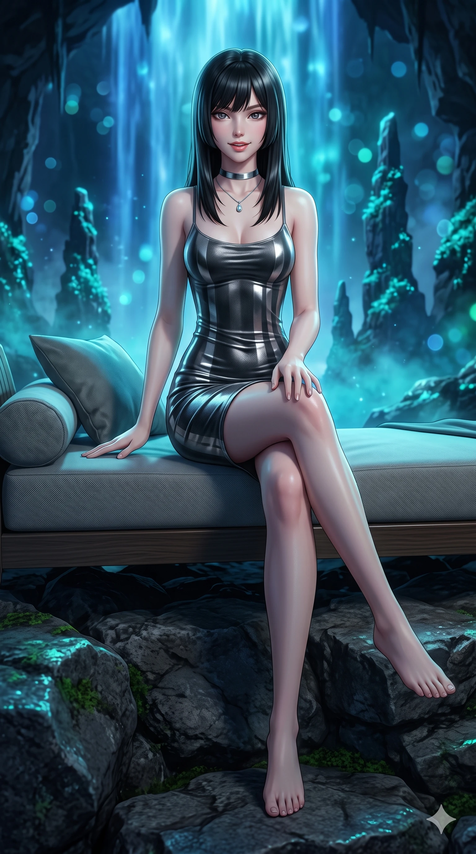 score_9, masterpiece, best quality, ultra-detailed, high-budget anime keyframe, semi-realistic 3D game render, editorial fashion photography, tasteful artistic composition, Caucasian woman. low angle full-body shot from head to toe showing her feet, filling the entire 9:16 vertical frame with her statuesque presence, stretching her vertical silhouette. lounging on the lavish daybed with legs crossed and hips angled toward the camera, displaying her toned midriff and long slender limbs with effortless siren poise while sitting gracefully on the rock outcropping with legs crossed, flashing a playful, flirtatious smile with parted glossy lips. The background shows a soft-focus cascading luminescent blue waterfalls, glowing cyan moss on vertical spires, and swirling cavern mists blurred into electric blue, turquoise, and jade bokeh. She has an exceptionally tall and slender model-like 8.5-heads proportion, an ultra-slim waist, a flat toned midriff, narrow delicate ribcage, and beautifully sculpted feminine hips creating a graceful, slim hourglass silhouette without any bulky heaviness, with impossibly long slender legs. sharp v-shaped jawline, high-bridge nose, intricate jewel-like sparkling eyes with depth, thick eyelashes, glossy parted lips with a natural peach sheen, bright cheerful beaming smile with an enchanting and coquettish sensual glint, exuding both youthful cute charm and seductive allure, flawlessly proportioned anatomical accuracy, strict slender model proportions, natural body alignment, perfectly sculpted long slender limbs, ultra-slim waistline, clean dynamic posture without body distortion. wearing a tailored liquid velvet bodycon dress with metallic fiber pinstripes following her statuesque 8.5-heads silhouette in charcoal grey and polished chrome, made of fluid liquid jersey with seamless sculpting hold and smooth contours, finished with a minimalist chrome choker and a single teardrop diamond pendant, the glove-like clinging cut tightly following the natural contour of her hips and long slender legs with youthful 8.5-heads elegance. bathed in vivid electric-blue waterfall luminescence mixed with soft ambient cavern turquoise. highly saturated vibrant anime colors, detailed shading with soft gradients, rich glossy textures, high-contrast stereoscopic depth, volumetric dynamic lighting, master piece, 9:16 ratio