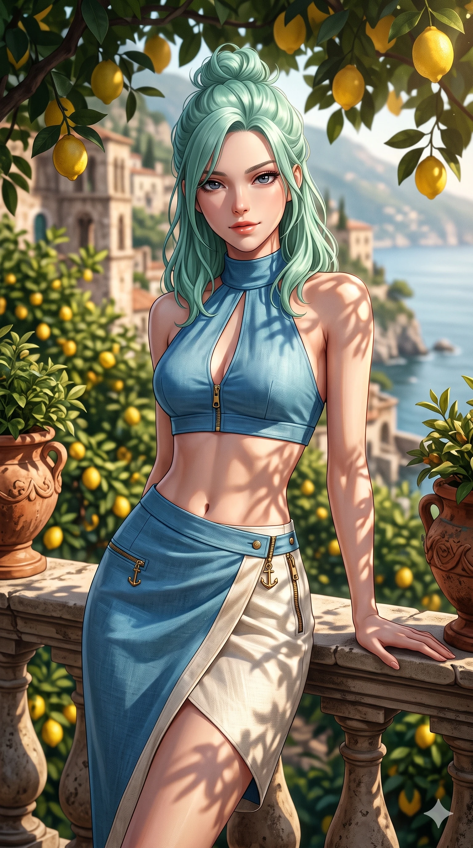 score_9, masterpiece, best quality, ultra-detailed, high-budget anime keyframe, semi-realistic 3D game render, editorial fashion photography, tasteful artistic composition, Japanese woman. close-up cowboy shot from the waist and thighs up, the character dominates the composition, filling the frame with her large presence. leaning back against the balustrade with relaxed seductive grace, head tilted back slightly while casting a hypnotic, heavy-lidded gaze while twisting her slender torso in an alluring S-curve between terracotta flower urns, dappled citrus leaf shadows tracing her flat midriff and hourglass curves. The background shows a soft-focus Amalfi cliffside villa atmosphere softened in fragrant lemon grove shallow focus. She has an exceptionally elegant, slender, and willowy female figure with an ultra-slim waist, flat toned midriff, narrow ribcage, and sculpted feminine hips creating an alluring, slim hourglass silhouette without bulk. sharp v-shaped jawline, high-bridge nose, sparkling eyes with hypnotic seductive depth, thick curled eyelashes, glossy parted lips with a natural dewy peach sheen, alluring bedroom-eyes with an enchanting coquettish smile, exuding magnetic siren charisma and sophisticated glamour, flawlessly proportioned anatomical accuracy, strict slender model proportions, natural body alignment, perfectly sculpted long slender limbs, ultra-slim waistline, clean dynamic posture without body distortion. wearing a structured high-neck halterneck maillot dress with modest keyhole and tailored wrap skirt in Saint-Tropez azure and sparkling champagne ivory, woven from bespoke sun-bleached selvedge linen with rich tactile slub texture, finished with sleek heavy-duty brass anchor zip pulls and nautical hardware, the impeccably tailored cut draping gracefully along her slender figure with aristocratic resort poise. bathed in warm 2900K afternoon sunbeams filtering through dense green lemon foliage creating intricate organic shadow patterns. highly saturated vibrant anime colors, detailed shading with soft gradients, rich glossy textures, high-contrast stereoscopic depth, volumetric dynamic lighting, master piece, 9:16 ratio