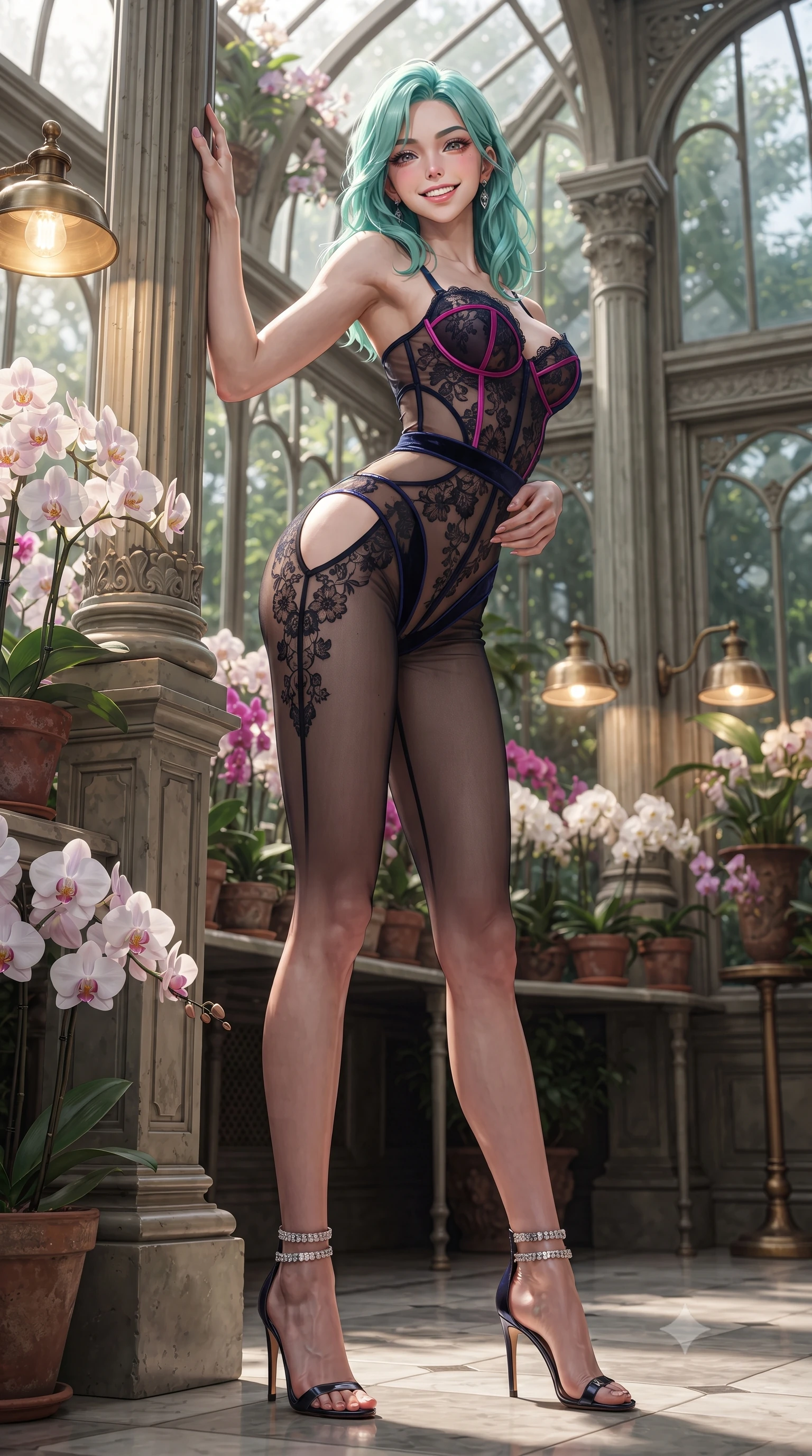 score_9, masterpiece, best quality, ultra-detailed, high-budget anime keyframe, editorial fashion photography, tasteful artistic composition, Japanese woman. low angle full-body shot from head to toe showing her feet, filling the entire 9:16 vertical frame with her statuesque presence, stretching her vertical silhouette. standing tall beside the architectural column, one hand resting high while arching her lower back to emphasize her sculpted feminine hips and slender waist while twisting her slender torso in an alluring S-curve beside the lush potted orchids, soft floor lamp glows tracing her narrow waist and hips. The surrounding environment is rendered in vivid detail and crisp panoramic clarity: detailed sculpted underwire bustier in sheer noir lace, velvet piping, and vintage conservatory craft in razor-sharp precision. She has an exceptionally tall and slender model-like 8.5-heads proportion, an ultra-slim waist, a flat toned midriff, narrow delicate ribcage, and beautifully sculpted feminine hips creating a graceful, slim hourglass silhouette without any bulky heaviness, with impossibly long slender legs. sharp v-shaped jawline, high-bridge nose, intricate jewel-like sparkling eyes with depth, thick eyelashes, glossy parted lips with a natural peach sheen, bright cheerful beaming smile with an enchanting and coquettish sensual glint, exuding both youthful cute charm and seductive allure, flawlessly proportioned anatomical accuracy, strict slender model proportions, natural body alignment, perfectly sculpted long slender limbs, ultra-slim waistline, clean dynamic posture without body distortion. wearing an ultra-daring sheer vinyl-trimmed illusion mesh catsuit with strategic translucent cutouts along her hips and torso in Huangpu midnight sapphire and neon magenta, made of delicate embroidered tulle lace with intricate floral motifs and soft transparency, complemented by strappy stiletto sandals with crystal ankle wraps accentuating her slender calves, the liquid-tight tailored fabric clinging flawlessly to her narrow waist and rounded feminine hips, emphasizing every millimeter of her sculpted slim hourglass curves without any bulky heaviness. bathed in the moody warm 2300K glow of antique brass reading lamps mixed with silver moonlight through glass. ultra-reflective glossy finish, specular highlights, rich textural contrasts, high-contrast stereoscopic depth, volumetric dynamic lighting, 2k, ultra detail, master piece, 9:16 ratio