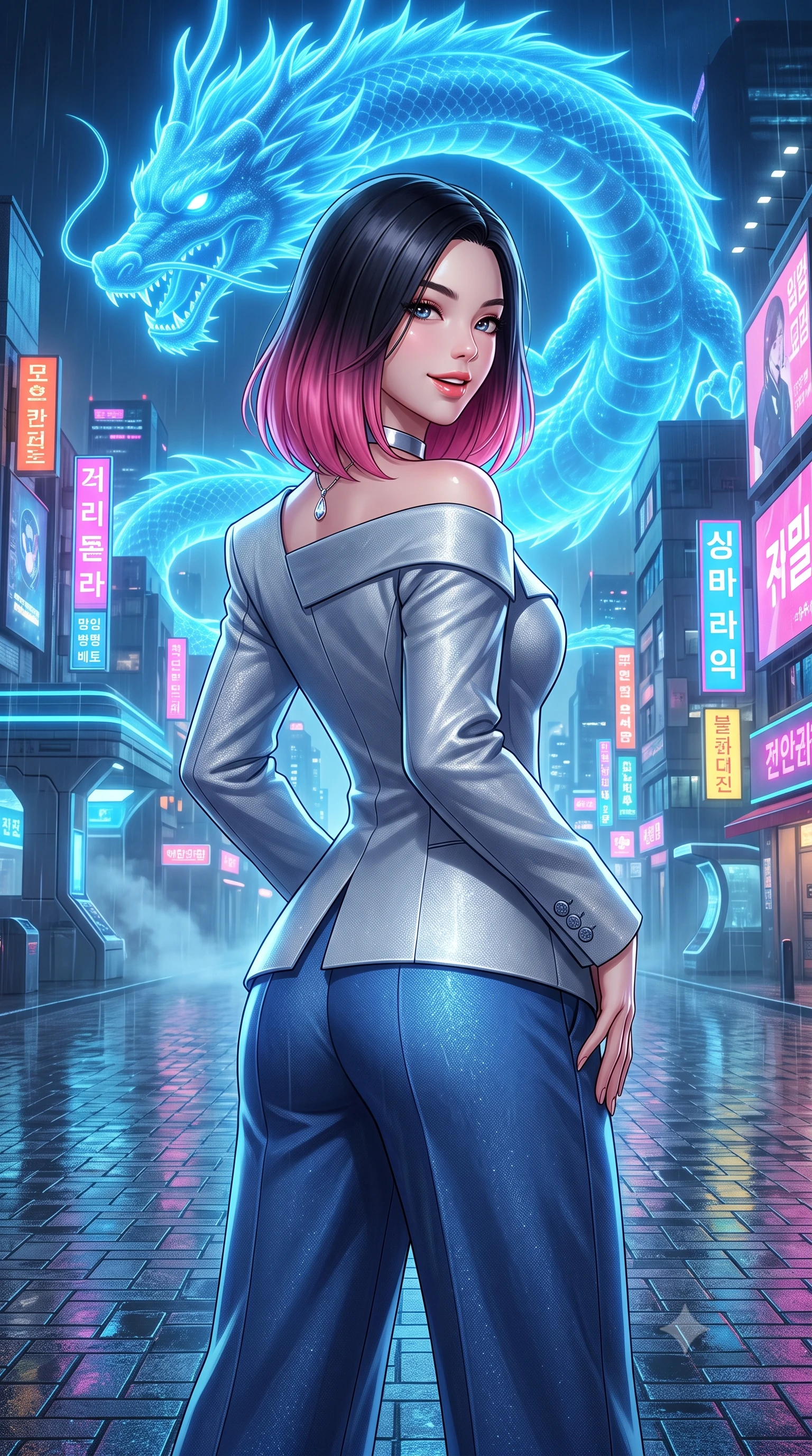 score_9, masterpiece, best quality, ultra-detailed, high-budget anime keyframe, semi-realistic 3D game render, editorial fashion photography, tasteful artistic composition, Korean woman. close-up cowboy shot from the waist and thighs up, the character dominates the composition, filling the frame with her large presence. posing in an alluring rear three-quarter angle, looking over a bare shoulder with parted glossy lips, her hips cocked back to highlight her slim hourglass curve while standing poised on the rain-slicked plaza pavers beneath a massive celestial holographic blue dragon, arching her lower back with magnetic anime heroine grace. The surrounding environment is rendered in vivid detail and crisp panoramic clarity: detailed garment styling, crisp anime lines, and futuristic Korean metropolis architecture in high resolution. She has an exceptionally elegant, slender, and willowy female figure with an ultra-slim waist, flat toned midriff, narrow ribcage, and sculpted feminine hips creating an alluring, slim hourglass silhouette without bulk. sharp v-shaped jawline, high-bridge nose, intricate jewel-like sparkling eyes with depth, thick eyelashes, glossy parted lips with a natural peach sheen, bright cheerful beaming smile with an enchanting and coquettish sensual glint, exuding both youthful cute charm and seductive allure, flawlessly proportioned anatomical accuracy, strict slender model proportions, natural body alignment, perfectly sculpted long slender limbs, ultra-slim waistline, clean dynamic posture without body distortion. wearing a bespoke Neo-Tokyo structured blazer with angular padded shoulders and wide-leg tailored tech-wool trousers in Shackleton lunar ice silver and Earthrise cobalt, tailored from high-density tech-wool with subtle metallic thread weave, finished with a minimalist chrome choker and a single teardrop diamond pendant, the impeccably tailored cut draping gracefully along her slender figure with aristocratic poise. bathed in the glowing azure radiance of the monumental holographic dragon mixed with neon street reflections. highly saturated vibrant anime colors, detailed shading with soft gradients, rich glossy textures, high-contrast stereoscopic depth, volumetric dynamic lighting, master piece, 9:16 ratio