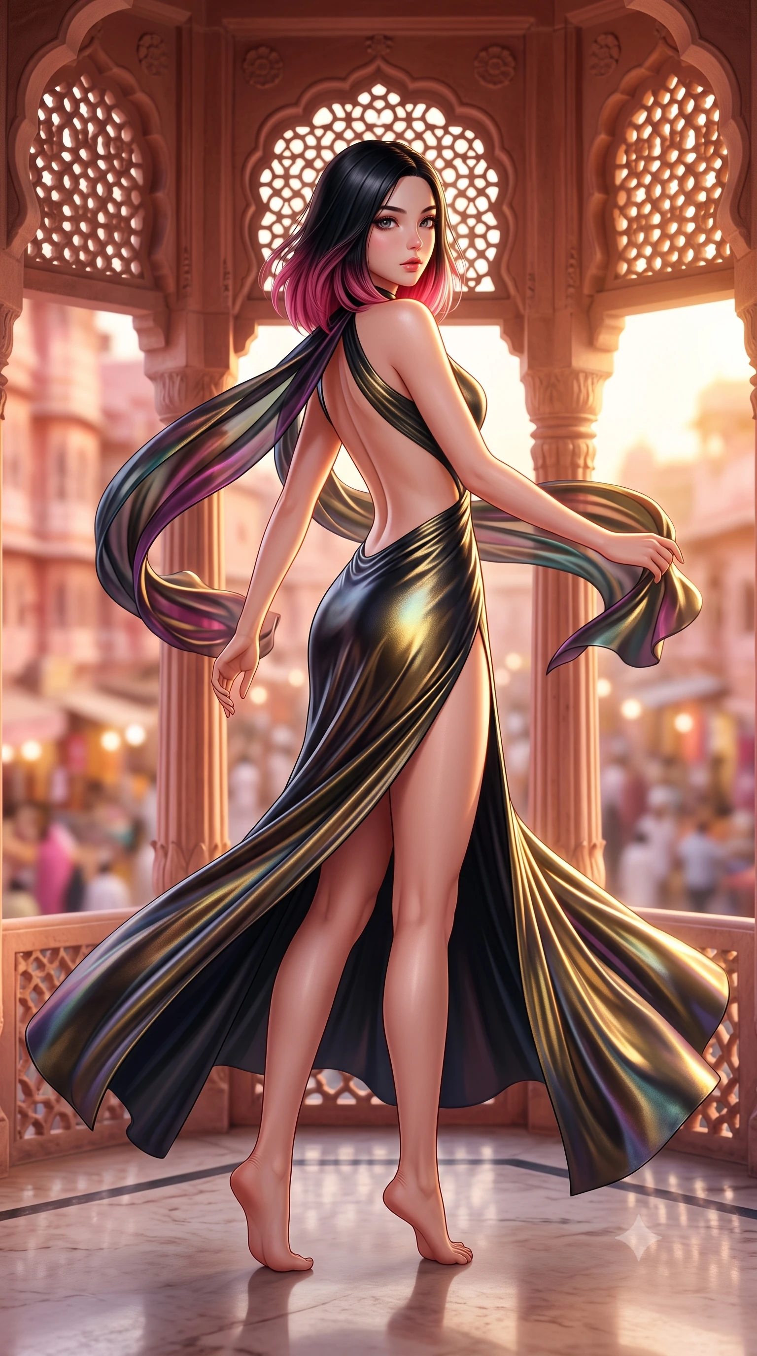 score_9, masterpiece, best quality, ultra-detailed, high-budget anime keyframe, semi-realistic 3D game render, editorial fashion photography, tasteful artistic composition, Korean woman. low angle full-body shot from head to toe showing her feet, filling the entire 9:16 vertical frame with her statuesque presence, stretching her vertical silhouette. executing an elegant mid-motion pivot turn as garments swirl around her slender limbs, glancing over her shoulder with an intoxicating bedroom-gaze while standing within the delicate pink sandstone latticed jharokha balcony, arching her back as evening desert winds flutter her jewel-toned silk dupatta. The composition keeps background elements in soft focus with creamy bokeh. hundreds of intricate pierced stone jharokha windows and bustling Pink City market streets below blurred into rose-pink, honey, and amber bokeh. She has an exceptionally tall and slender model-like 8.5-heads proportion, an ultra-slim waist, a flat toned midriff, narrow delicate ribcage, and beautifully sculpted feminine hips creating a graceful, slim hourglass silhouette without any bulky heaviness, with impossibly long slender legs. sharp v-shaped jawline, high-bridge nose, intricate jewel-like eyes with depth, thick eyelashes, glossy parted lips with a natural sheen, intensely captivating and seductive bedroom-eyes expression, flawlessly proportioned anatomical accuracy, strict slender model proportions, natural body alignment, perfectly sculpted long slender limbs, ultra-slim waistline, clean dynamic posture without body distortion. wearing a sculptured liquid-satin mermaid gown with an architectural open-waist cutout and bare spine in midnight obsidian black and liquid gold, crafted from luxurious metallic lamé that shifts radiance with every step, finished with an ultra-high side slit secured by miniature jeweled clasps, the glove-like aerodynamic silhouette tightly following the natural contour of her hips and long slender legs with statuesque 8.5-heads elegance. bathed in rich golden hour Rajasthani sunset backlighting and warm pink sandstone wall bounce fill. highly saturated vibrant anime colors, detailed shading with soft gradients, rich glossy textures, high-contrast stereoscopic depth, volumetric dynamic lighting, master piece, 9:16 ratio