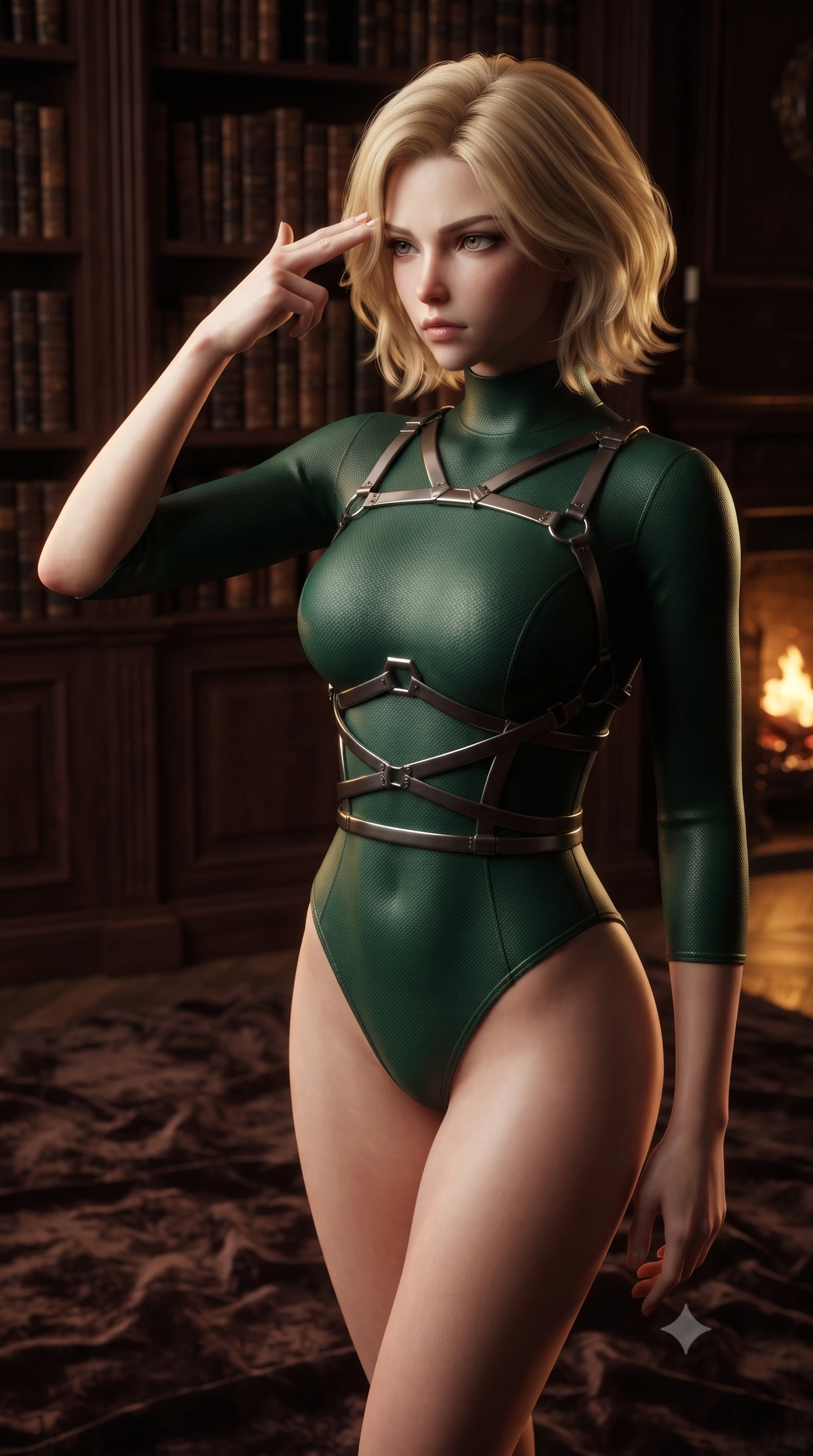 score_9, masterpiece, best quality, ultra-detailed, high-budget anime keyframe, editorial fashion photography, tasteful artistic composition, Caucasian woman. close-up cowboy shot from the waist and thighs up, the character dominates the composition, filling the frame with her large presence, background elements kept in soft focus. Pressing two fingers to her temple in a composed, sharp thoughtful gesture, standing near a colossal dark mahogany bookshelf filled with ancient leather books, crushed velvet rug swallowing surrounding light into soft warm shadows. She has an exceptionally elegant, slender, and willowy female figure with an ultra-slim waist, a gracefully sculpted slender torso, and a refined silhouette. sharp v-shaped jawline, high-bridge nose, intricate jewel-like eyes with depth, thick eyelashes, glossy lips with a natural sheen. wearing sleek high-neck ribbed activewear bodysuit in matte black in deep emerald green, made of matte carbon-fiber weave, highlighted by a gunmetal metallic harness structure, accentuating her gracefully sculpted slender torso. surrounded by a warm golden glow with sharp edge highlights from firelight. ultra-reflective glossy finish, specular highlights, metallic sheen, high-contrast stereoscopic depth, volumetric dynamic lighting, 2k, ultra detail, master piece, 9:16 ratio