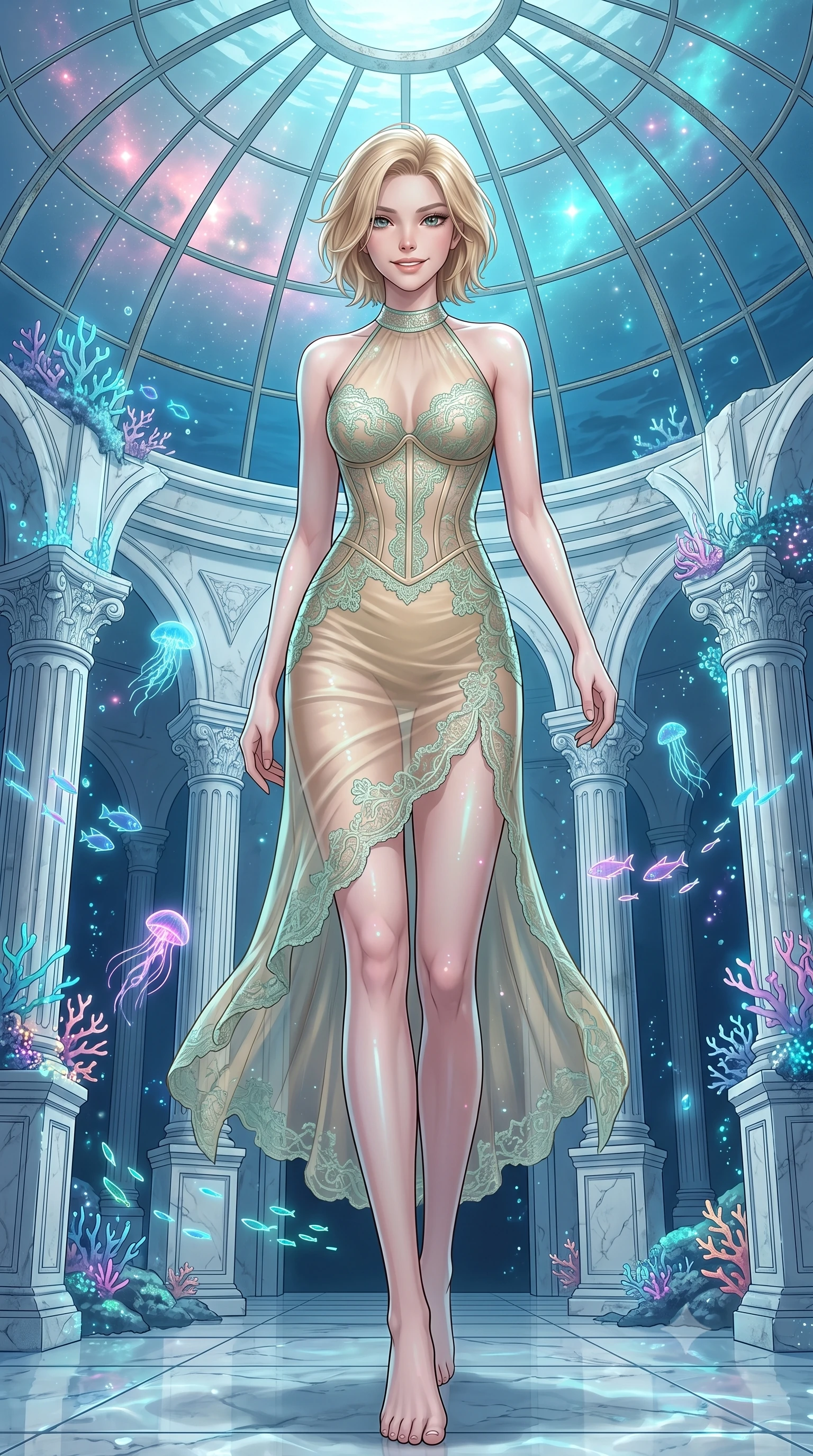 score_9, masterpiece, best quality, ultra-detailed, high-budget anime keyframe, editorial fashion photography, tasteful artistic composition, Caucasian woman, strictly human ears. low angle full-body shot from head to toe showing her feet, filling the entire 9:16 vertical frame with her statuesque presence, stretching her vertical silhouette. stepping elegantly with a warm, welcoming smile through inside a submerged ancient white marble conservatory under a giant underwater glass dome, filled with glowing corals and neon sea creatures. She has a statuesque 8.5-heads proportion, an exceptionally tall, slender and willowy model-like build with impossibly long legs and a highly sculpted ultra-slim waist. sharp v-shaped jawline, high-bridge nose, intricate jewel-like eyes with depth, thick eyelashes, glossy lips with a natural sheen. wearing a semi-transparent halter dress in champagne gold, featuring a mint green lace overlay and visible corset. starlight and nebula glow casting soft cosmic pink and cyan highlights on her form. 2k, ultra detail, master piece, 9:16 ratio