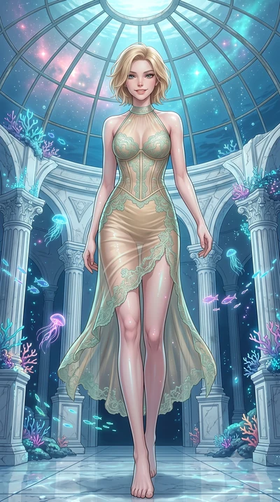 score_9, masterpiece, best quality, ultra-detailed, high-budget anime keyframe, editorial fashion photography, tasteful artistic composition, Caucasian woman, strictly human ears. low angle full-body shot from head to toe showing her feet, filling th