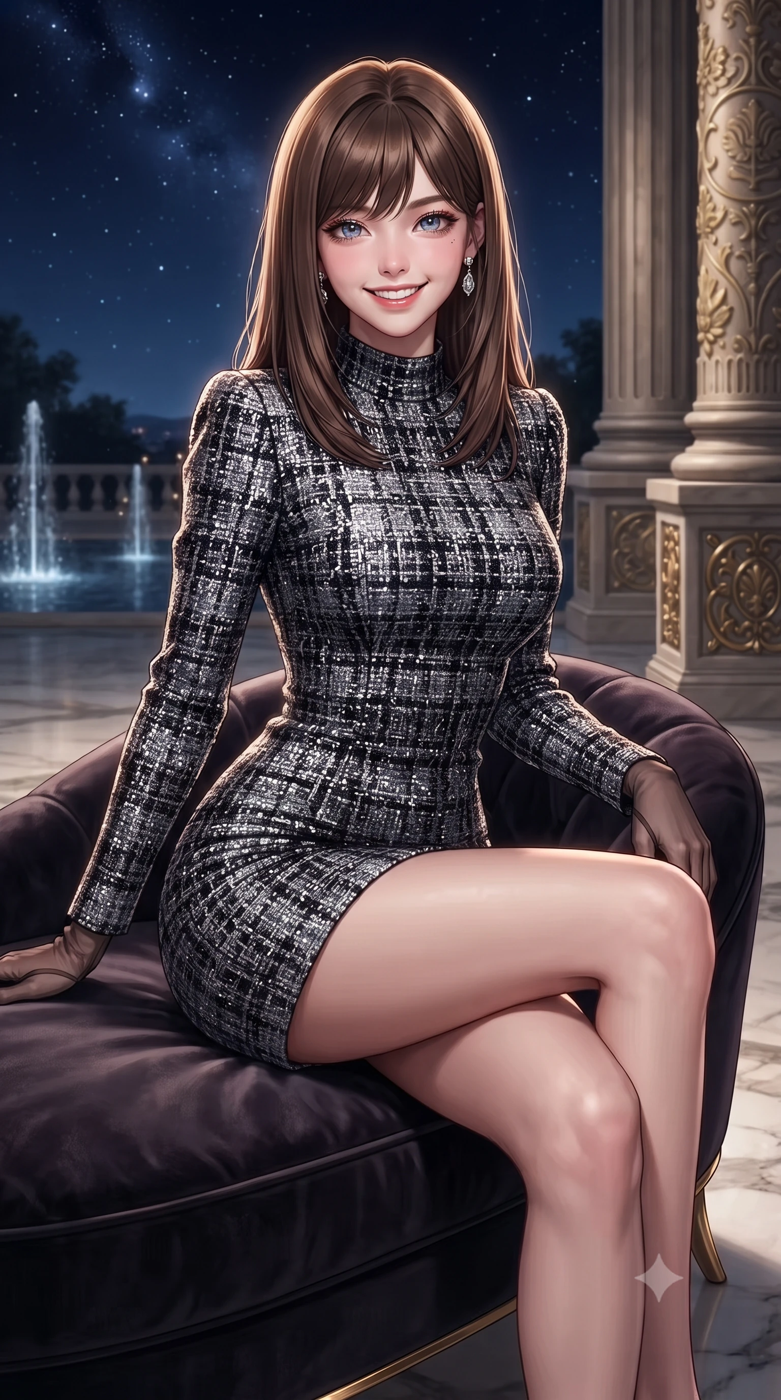 score_9, masterpiece, best quality, ultra-detailed, high-budget anime keyframe, editorial fashion photography, tasteful artistic composition, Korean woman. close-up cowboy shot from the waist and thighs up, the character dominates the composition, filling the frame with her large presence. perched sideways on the lounge seat, one knee drawn up to showcase her slender leg line while her arched back accentuates her feminine hip curve while twisting her slender torso in an alluring contrapposto stance on the polished marble pavement, starlight and fountain reflections caressing her narrow waist and curvy hips. The surrounding environment is rendered in vivid detail and crisp panoramic clarity: detailed fabric texture, gold metallic accents, and UNESCO heritage architectural relief in razor-sharp precision. She has an exceptionally elegant, slender, and willowy female figure with an ultra-slim waist, flat toned midriff, narrow ribcage, and sculpted feminine hips creating an alluring, slim hourglass silhouette without bulk. sharp v-shaped jawline, high-bridge nose, intricate jewel-like sparkling eyes with depth, thick eyelashes, glossy parted lips with a natural peach sheen, bright cheerful beaming smile with an enchanting and coquettish sensual glint, exuding both youthful cute charm and seductive allure, flawlessly proportioned anatomical accuracy, strict slender model proportions, natural body alignment, perfectly sculpted long slender limbs, ultra-slim waistline, clean dynamic posture without body distortion. wearing a tailored velvet bodycon cocktail dress with long fitted sleeves and mock neck in Vik black sand obsidian and glacier crystal silver, woven from structured British tweed with subtle metallic flecks, complemented by sheer opera-length evening gloves tracing her slender arms, the glove-like clinging cut tightly following the natural contour of her hips and long slender legs with youthful 8.5-heads elegance. illuminated by white marble floor reflection bounce and sharp platinum-gold rim lights sculpting her razor-sharp jawline, narrow waist, and curvy hips. ultra-reflective glossy finish, specular highlights, rich textural contrasts, high-contrast stereoscopic depth, volumetric dynamic lighting, 2k, ultra detail, master piece, 9:16 ratio