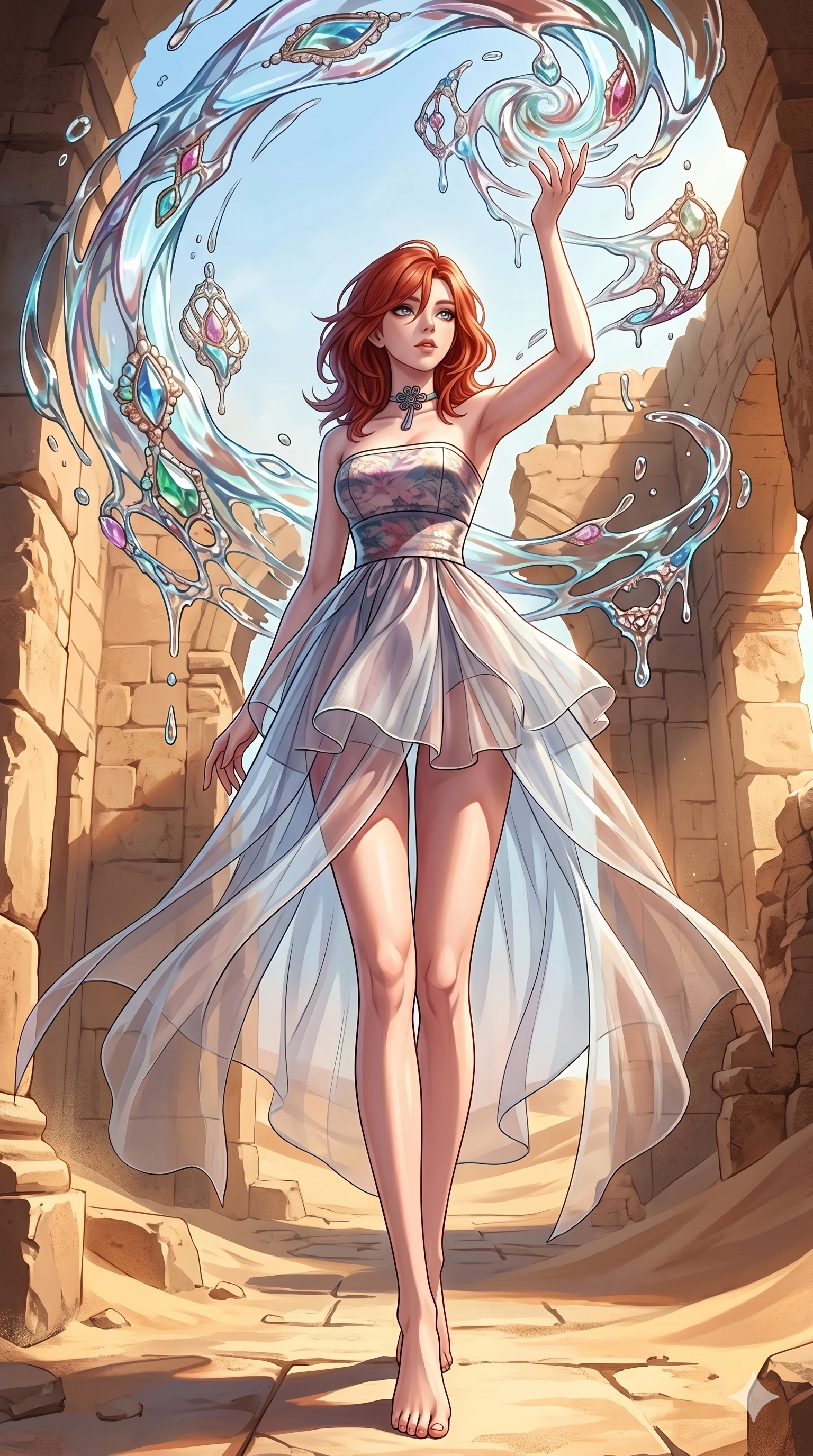 score_9, masterpiece, best quality, ultra-detailed, high-budget anime keyframe, Caucasian woman, strictly human ears. low angle full-body shot filling the entire 9:16 frame with her statuesque presence, stretching the vertical silhouette. interacting with liquid stained-glass that melts and swirls in mid-air inside a crumbling desert ruin, the fluid jewelry floating in suspension. She has an absolutely perfect 8-heads proportion, an exceptionally tall and slender female figure with impossibly long slender legs and an ultra-slim waist. V-shaped jawline, high-bridge nose, intricate jewel-like eyes with depth, thick eyelashes, glossy lips with a natural sheen.. wearing a modern fusion silk hanbok dress, featuring a silk bustier top, layered sheer organza skirts, and a traditional knot choker. accented by dynamic color-blocked lighting with high-contrast shadows emphasizing her statuesque height. 2k, ultra detail, master piece, 9:16 ratio