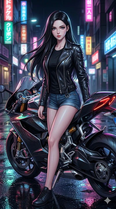 score_9, score_8_up, score_7_up, source_anime, masterpiece, best quality, ultra-detailed, same character with long black hair, wearing a tight black leather biker jacket and denim short shorts, sitting on a high-end sport motorcycle under neon street