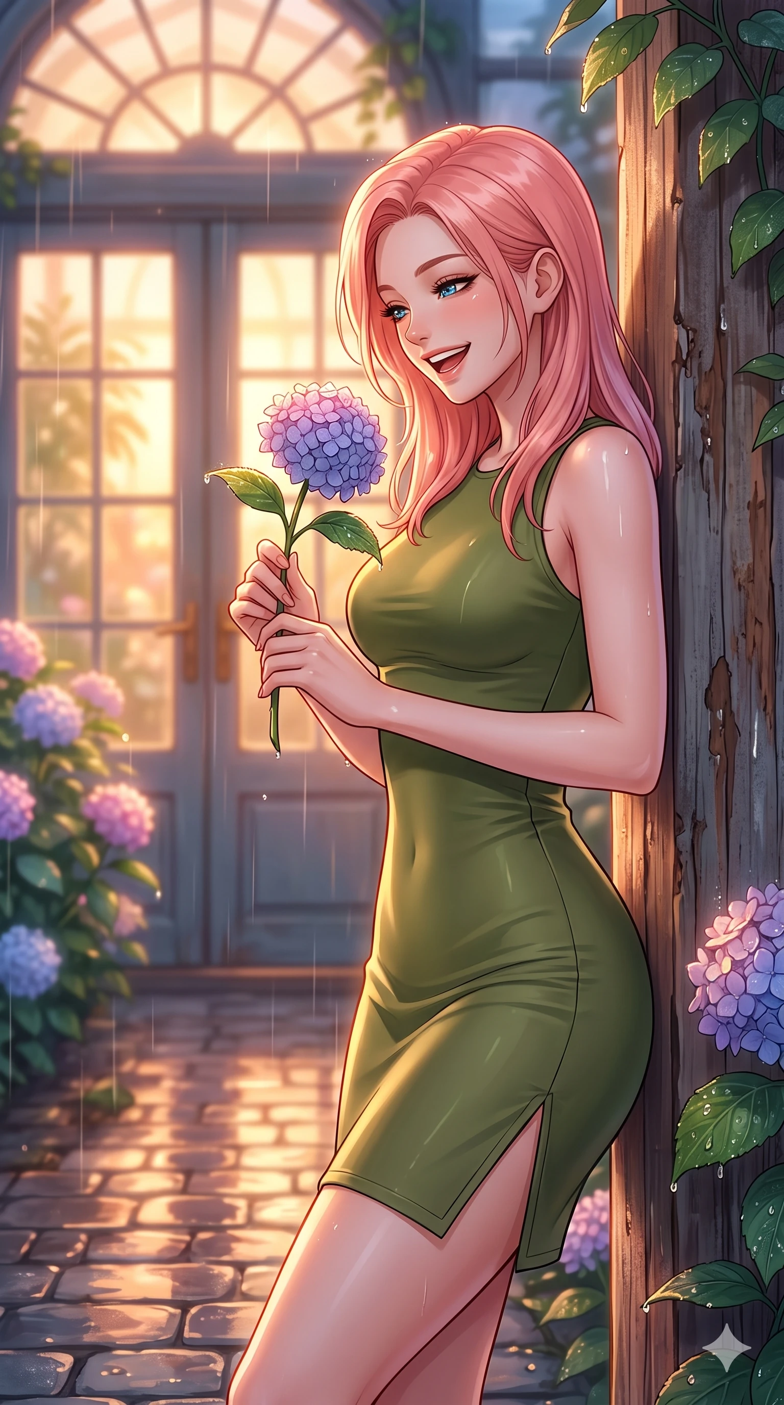score_9, masterpiece, best quality, ultra-detailed, high-budget anime keyframe, vibrant anime aesthetic, Japanese woman. close-up cowboy shot from the waist and thighs up, the character dominates the composition, filling the frame with her large presence, background elements kept in soft focus. She is laughing happily while looking down at a blooming rain-drenched flower, her eyes glowing with lively energy leaning against a rustic wooden column. the background shows a soft-focus botanical conservatory entrance with large glass double doors, surrounded by rain-drenched hydrangeas (Code-P22-114). She has an absolutely perfect proportion, an exceptionally elegant and slender female figure with an ultra-slim waist. V-shaped jawline, high-bridge nose, intricate jewel-like eyes with depth, thick eyelashes, glossy lips with a natural sheen. wearing a sleek bodycon dress featuring refined side vent accents in olive green. She is bathed in glowing sunset light reflecting off wet cobblestones, creating a warm, inviting, and atmospheric glow during the twilight rain. 2k, ultra detail, master piece, 9:16 ratio