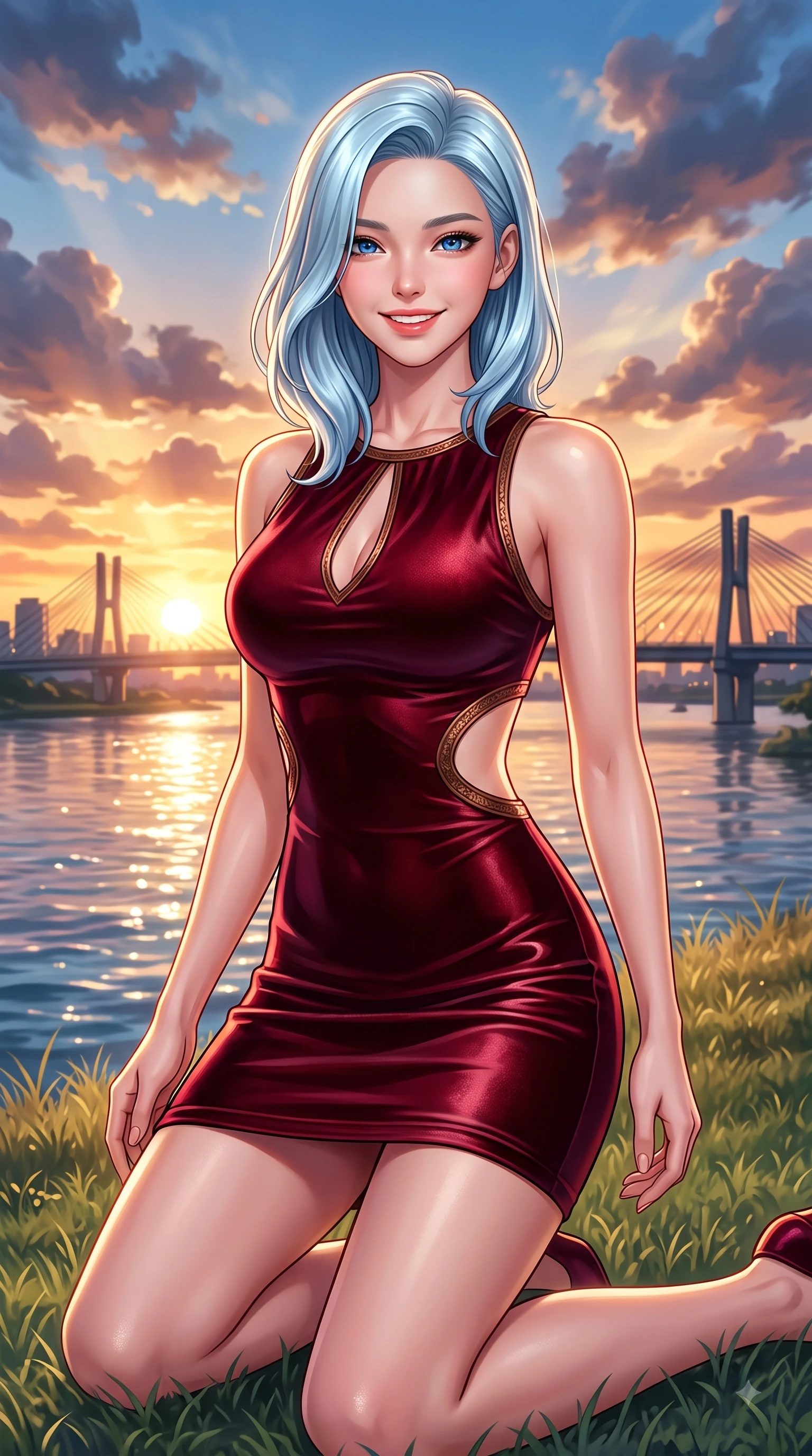 score_9, masterpiece, best quality, ultra-detailed, high-budget anime keyframe, editorial fashion photography, tasteful artistic composition, Korean woman. close-up cowboy shot from the waist and thighs up, the character dominates the composition, filling the frame with her large presence. Gazing directly into the camera with a fresh, infectious smile as her torso curves dynamically in mid-stride while resting on her knees on the grass as warm sunset rays illuminate her radiant beauty. The surrounding environment is rendered in vivid detail and crisp panoramic clarity. sparkling river waters, iconic city bridge outlines, and dramatic sunset sky clouds in crisp detail. She has an exceptionally elegant, slender, and willowy female figure with an ultra-slim waist, a gracefully sculpted slender torso, and a refined silhouette. sharp v-shaped jawline, high-bridge nose, intricate jewel-like eyes with depth, thick eyelashes, glossy lips with a natural sheen, flawlessly proportioned anatomical accuracy, natural body alignment, perfectly sculpted elegant limbs, clean dynamic posture without body distortion. wearing a form-contouring bodycon dress featuring subtle strategic side waist cutouts in deep burgundy red and bronze accent, made of lustrous stretch velvet, accented with a Tasteful chest slit framing her clavicle gracefully, the sleek second-skin texture accentuating her magnetic presence. surrounded by a serene, uplifting, and romantic park ambiance. highly saturated vibrant anime colors, detailed shading with soft gradients, rich glossy textures, high-contrast stereoscopic depth, volumetric dynamic lighting, master piece, 9:16 ratio