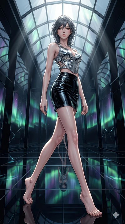 score_9, masterpiece, best quality, ultra-detailed, high-budget anime keyframe, editorial fashion photography, tasteful artistic composition, Caucasian woman, strictly human ears. low angle full-body shot from head to toe showing her feet, filling th