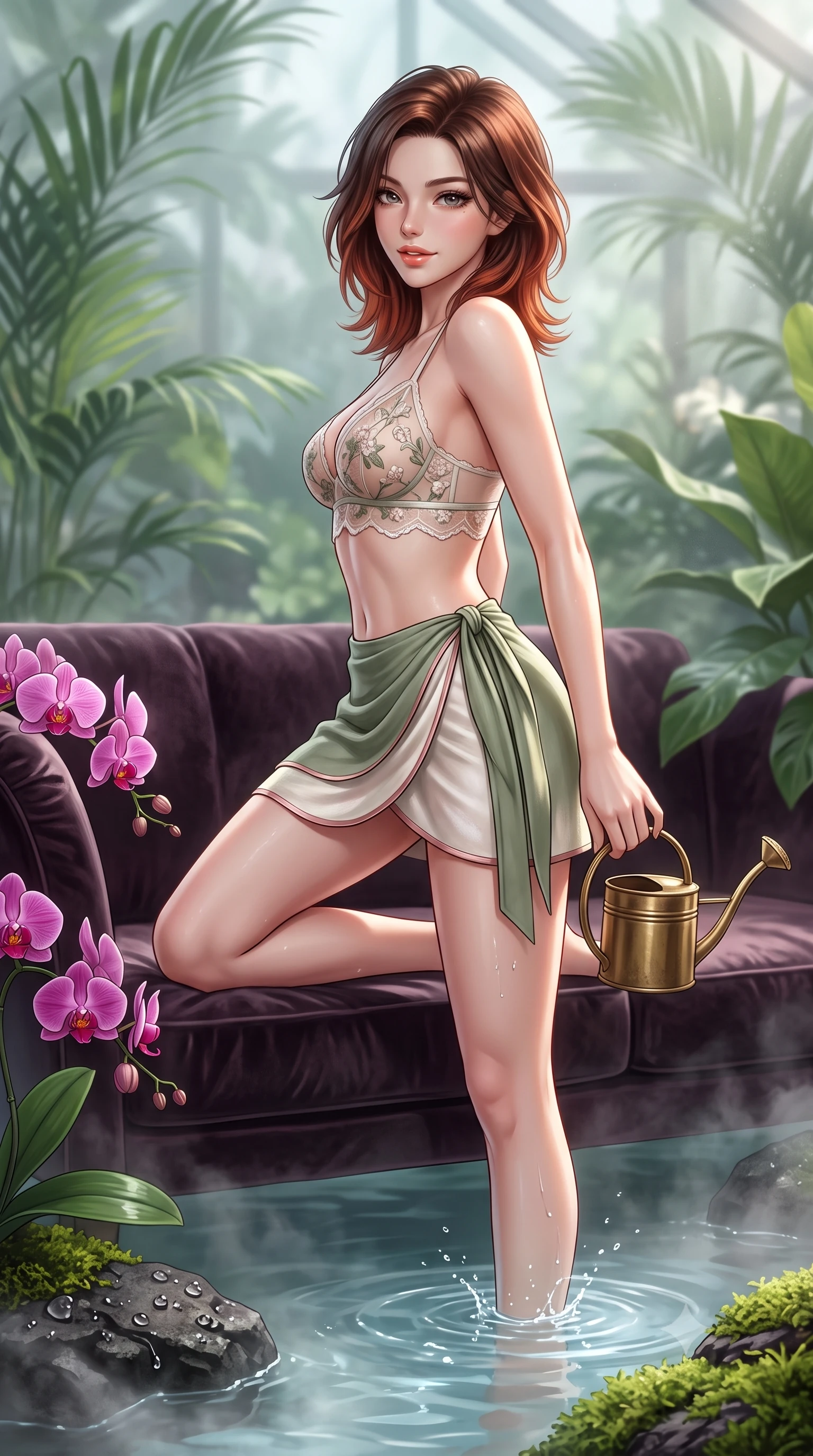 score_9, masterpiece, best quality, ultra-detailed, high-budget anime keyframe, semi-realistic 3D game render, editorial fashion photography, tasteful artistic composition, Korean woman. close-up cowboy shot from the waist and thighs up, the character dominates the composition, filling the frame with her large presence. perched sideways on the lounge seat, one knee drawn up to showcase her slender leg line while her arched back accentuates her feminine hip curve while standing in the shallow mist pool with water lapping at her calves, hips cocked back, looking over a bare shoulder with an alluring bedroom-smile. The surrounding environment is rendered in vivid detail and crisp panoramic clarity: sharp orchid petal velvet texture, water droplet splash beads, and green moss on volcanic stone in deep focus. She has an exceptionally elegant, slender, and willowy female figure with an ultra-slim waist, flat toned midriff, narrow ribcage, and sculpted feminine hips creating an alluring, slim hourglass silhouette without bulk. sharp v-shaped jawline, high-bridge nose, sparkling eyes with hypnotic seductive depth, thick curled eyelashes, glossy parted lips with a natural dewy peach sheen, alluring bedroom-eyes with an enchanting coquettish smile, exuding magnetic siren charisma and sophisticated glamour, flawlessly proportioned anatomical accuracy, strict slender model proportions, natural body alignment, perfectly sculpted long slender limbs, ultra-slim waistline, clean dynamic posture without body distortion. wearing a delicate sheer floral embroidered lace bralette with scalloped hems paired with an ultra-short draped linen wrap mini skirt in botanical sage green and pure pearlescent ivory with rose trims, woven from buttery-soft stretch lambskin leather adhering to her body like a second skin, finished with an antique brass watering can held casually at her side, the form-contouring silhouette accentuating her sculpted flat midriff, narrow delicate ribcage, and gracefully curvy hips with intoxicating allure. bathed in diffused tropical greenhouse sunlight mixed with pool water caustic bounce. highly saturated vibrant anime colors, detailed shading with soft gradients, rich glossy textures, high-contrast stereoscopic depth, volumetric dynamic lighting, master piece, 9:16 ratio