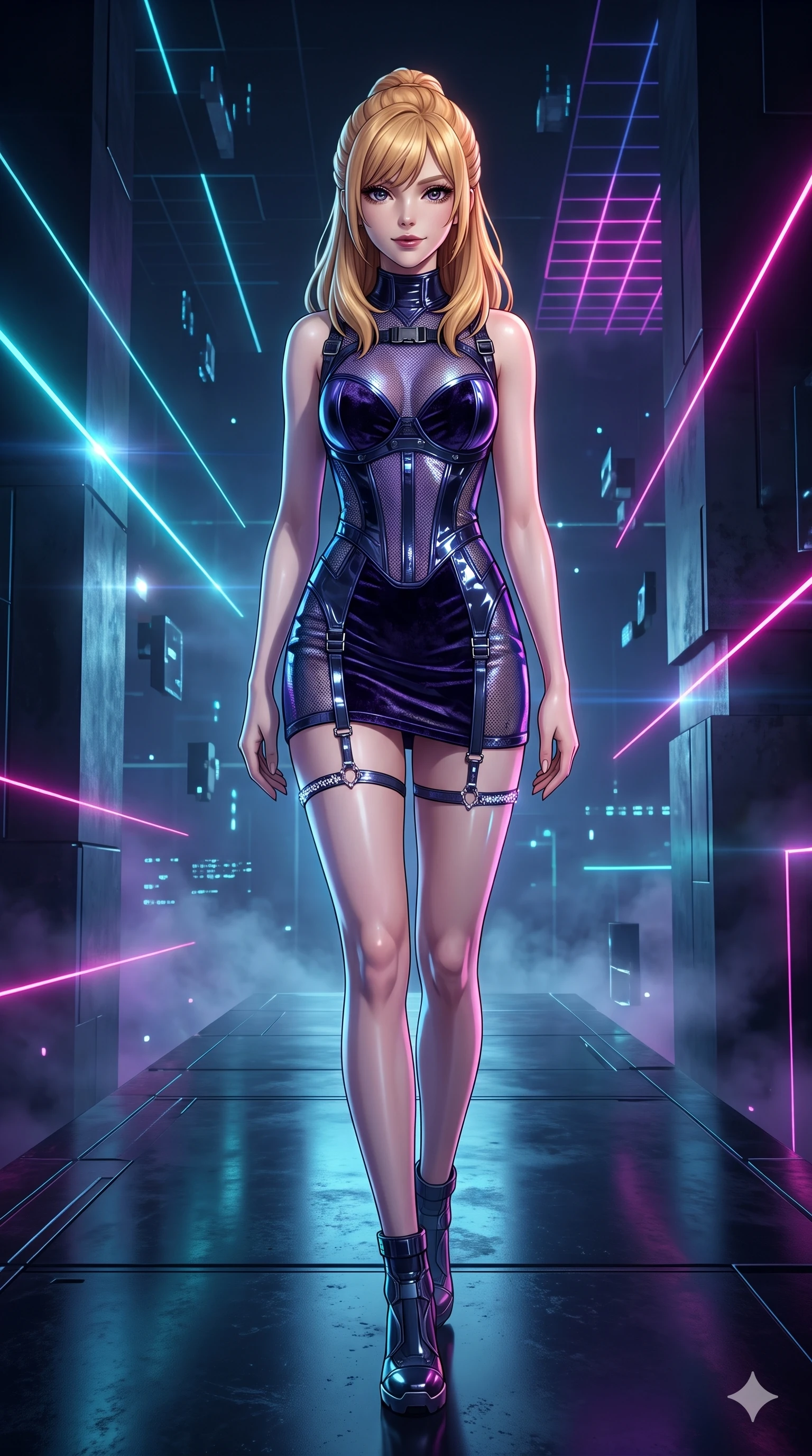 score_9, masterpiece, best quality, ultra-detailed, high-budget anime keyframe, semi-realistic 3D game render, editorial fashion photography, tasteful artistic composition, Caucasian woman. low angle full-body shot from head to toe showing her feet, filling the entire 9:16 vertical frame with her statuesque presence, stretching her vertical silhouette. poised on the dark reflective floor while laser grids scan the room, her statuesque silhouette commanding the frame while striding confidently along the floating monolithic platform, her long slender legs and hourglass hips commanding the infinite cyber void. The surrounding environment is rendered in vivid detail and crisp panoramic clarity: detailed wet-look vinyl bodysuit cling, tactical harness buckle hardware, and cybernetic textures in razor-sharp precision. She has an absolutely perfect, statuesque 8.5-heads proportion, an exceptionally tall and slender model-like female figure with impossibly long slender legs, an ultra-slim waist, a flat toned midriff, narrow delicate ribcage, and beautifully sculpted feminine hips creating a graceful, slim hourglass silhouette without any bulky heaviness. sharp v-shaped jawline, high-bridge nose, intricate jewel-like dark sparkling eyes with hypnotic seductive depth, thick curled eyelashes, glossy parted lips with a natural wine sheen, alluring bedroom-eyes with an enigmatic smoldering smile, exuding magnetic sovereign charisma and dark avant-garde glamour, flawlessly proportioned anatomical accuracy, strict slender model proportions, natural body alignment, perfectly sculpted long slender limbs, ultra-slim waistline, clean dynamic posture without body distortion. wearing a translucent iridescent micro-mesh corset dress with wet-look second-skin cling tracing her feminine curves in iridescent dark violet taffeta and midnight indigo, tailored from crushed dark velvet with deep light-absorbing plush texture, finished with delicate crystal-encrusted thigh garter straps glinting in the laser glare, the glove-like silhouette tightly following the natural contour of her hips and long slender legs with youthful 8.5-heads elegance. bathed in high-contrast cyan and hot-magenta neon vector lines slicing across dark surfaces. highly saturated vibrant anime colors, detailed shading with soft gradients, rich glossy textures, high-contrast stereoscopic depth, volumetric dynamic lighting, master piece, 9:16 ratio