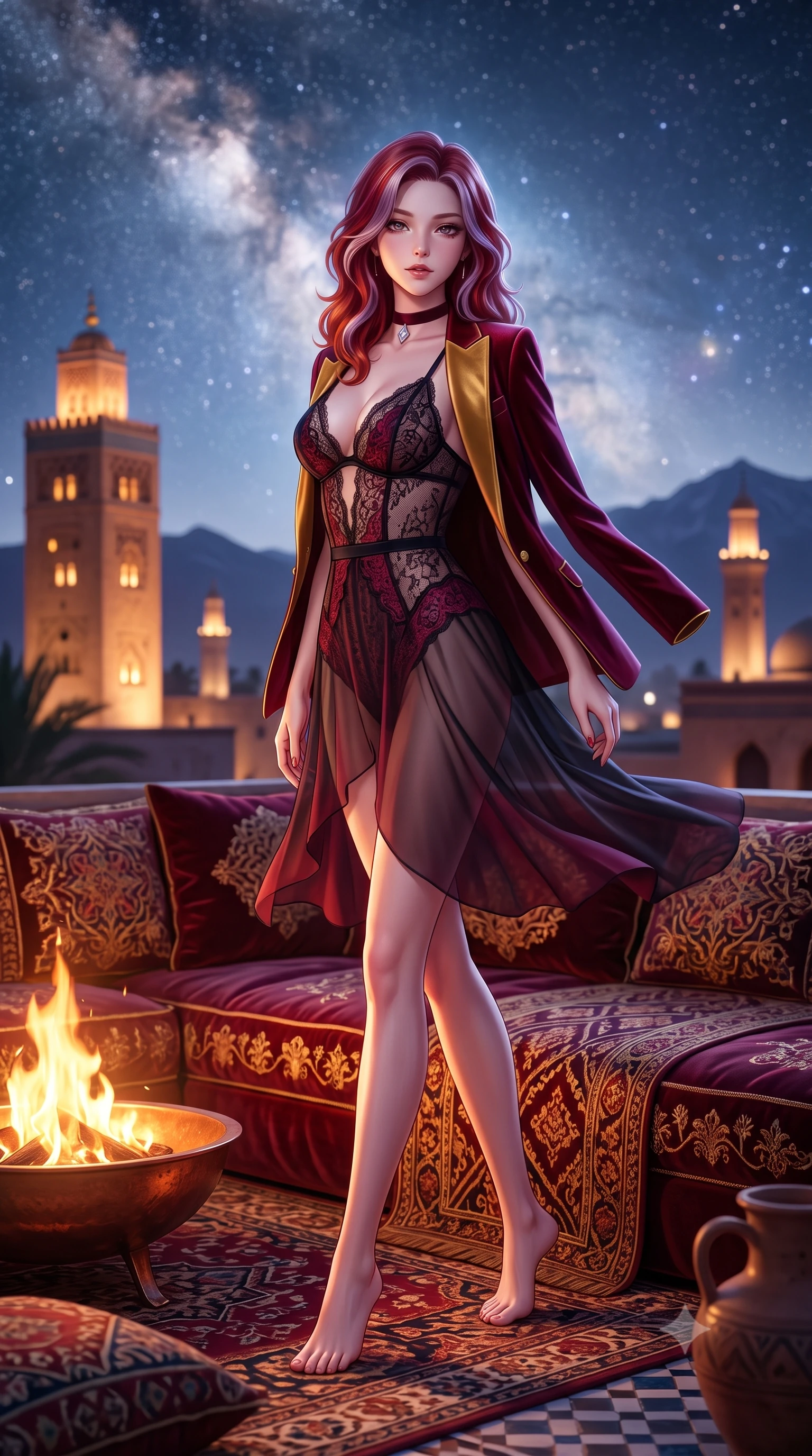 score_9, masterpiece, best quality, ultra-detailed, high-budget anime keyframe, semi-realistic 3D game render, editorial fashion photography, tasteful artistic composition, Caucasian woman. low angle full-body shot from head to toe showing her feet, filling the entire 9:16 vertical frame with her statuesque presence, stretching her vertical silhouette. executing a slow, graceful pivot turn as her skirt sways around her slender legs, glancing back with an enchanting, teasing sensual expression while lounging gracefully across the oversized embroidered velvet divan on the rooftop terrace, arching her lower back to emphasize her curvy hips beneath the desert stars. The background shows a soft-focus illuminated towers and minarets of the ancient Medina, silhouettes of distant Atlas mountain peaks, and brilliant desert Milky Way blurred into terracotta, saffron, and indigo bokeh. She has an absolutely perfect, statuesque 8.5-heads proportion, an exceptionally tall and slender model-like female figure with impossibly long slender legs, an ultra-slim waist, a flat toned midriff, narrow delicate ribcage, and beautifully sculpted feminine hips creating a graceful, slim hourglass silhouette without any bulky heaviness. sharp v-shaped jawline, high-bridge nose, sparkling eyes with hypnotic seductive depth, thick curled eyelashes, glossy parted lips with a natural dewy peach sheen, alluring bedroom-eyes with an enchanting coquettish smile, exuding magnetic siren charisma and sophisticated glamour, flawlessly proportioned anatomical accuracy, strict slender model proportions, natural body alignment, perfectly sculpted long slender limbs, ultra-slim waistline, clean dynamic posture without body distortion. wearing a delicate sheer French Chantilly lace teddy layered under an open tailored tuxedo blazer draped over bare shoulders in Vienna imperial bordeaux and Habsburg gold, made of semi-opaque stretch illusion mesh with soft shadowy contours, finished with a thin velvet ribbon choker and a single teardrop diamond pendant, the liquid-tight tailored fabric clinging flawlessly to her narrow waist and rounded feminine hips, emphasizing every millimeter of her sculpted slim hourglass curves without any bulky heaviness. bathed in the warm, dynamic golden-crimson flicker of the outdoor copper fire bowl mixed with pure silver celestial starlight. highly saturated vibrant anime colors, detailed shading with soft gradients, rich glossy textures, high-contrast stereoscopic depth, volumetric dynamic lighting, master piece, 9:16 ratio