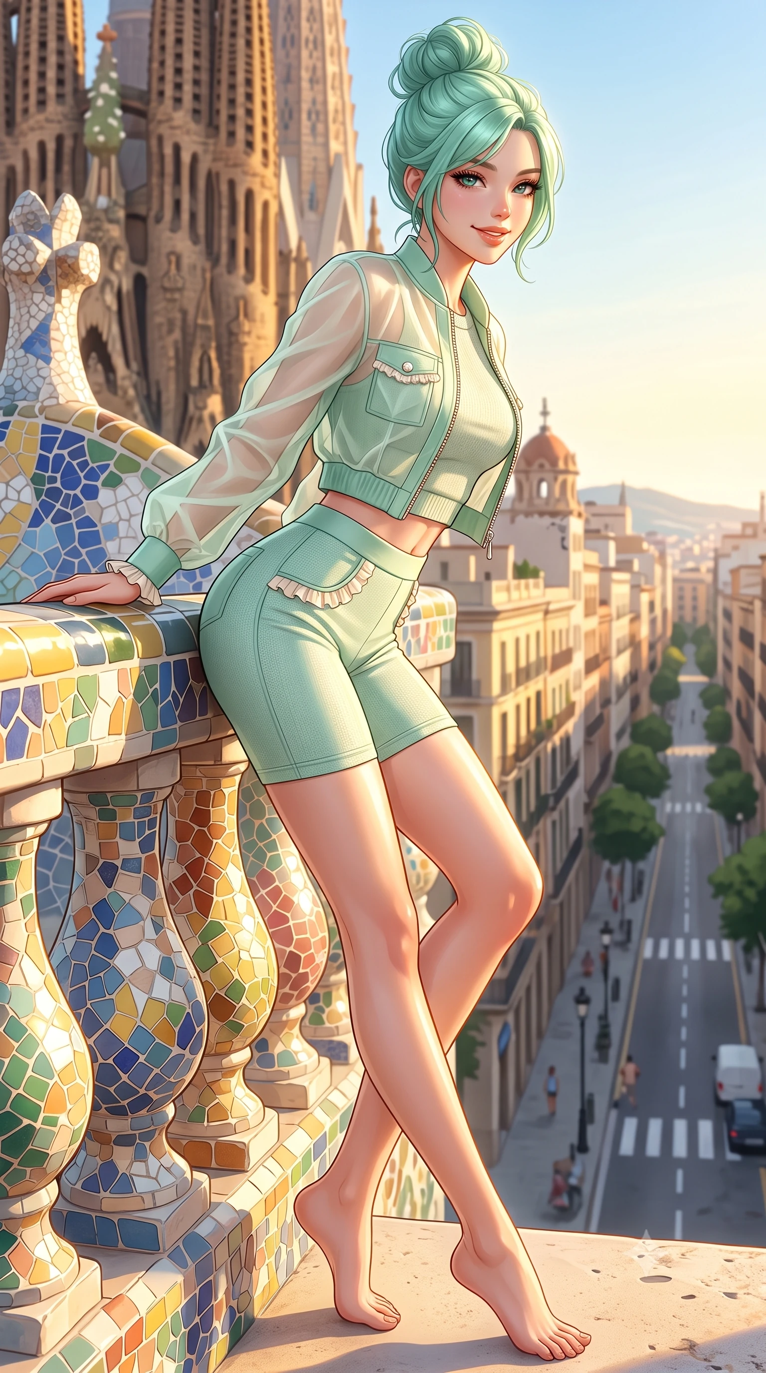 score_9, masterpiece, best quality, ultra-detailed, high-budget anime keyframe, semi-realistic 3D game render, editorial fashion photography, tasteful artistic composition, Japanese woman. low angle full-body shot from head to toe showing her feet, filling the entire 9:16 vertical frame with her statuesque presence, stretching her vertical silhouette. leaning deep against the sunlit architecture with hips cocked back in a cute yet unapologetically alluring high-fashion stance, flashing a warm beaming smile while leaning against the colorful Gaudi-style mosaic balustrade with hips cocked back, looking over her shoulder with an alluring, coquettish gaze. The surrounding environment is rendered in vivid detail and crisp panoramic clarity. detailed silk dress drape, golden afternoon sheen on skin, and Barcelona streetscape clarity in high resolution. She has an exceptionally tall and slender model-like 8.5-heads proportion, an ultra-slim waist, a flat toned midriff, narrow delicate ribcage, and beautifully sculpted feminine hips creating a graceful, slim hourglass silhouette without any bulky heaviness, with impossibly long slender legs. sharp v-shaped jawline, high-bridge nose, intricate jewel-like sparkling eyes with depth, thick eyelashes, glossy parted lips with a natural peach sheen, bright cheerful beaming smile with an enchanting and coquettish sensual glint, exuding both youthful cute charm and seductive allure, flawlessly proportioned anatomical accuracy, strict slender model proportions, natural body alignment, perfectly sculpted long slender limbs, ultra-slim waistline, clean dynamic posture without body distortion. wearing a sporty chic zip-up crop jacket paired with high-waisted biker shorts clinging to her athletic hips in refreshing mint green and soft vanilla cream, woven from layered gossamer organza with weightless flutter, finished with subtle ruffle trims and delicate pearl buttons, the liquid-tight tailored fabric clinging flawlessly to her narrow waist and rounded feminine hips, emphasizing every millimeter of her sculpted slim hourglass curves without any bulky heaviness. bathed in glorious golden hour Mediterranean sunlight washing over the ornate facade. highly saturated vibrant anime colors, detailed shading with soft gradients, rich glossy textures, high-contrast stereoscopic depth, volumetric dynamic lighting, master piece, 9:16 ratio