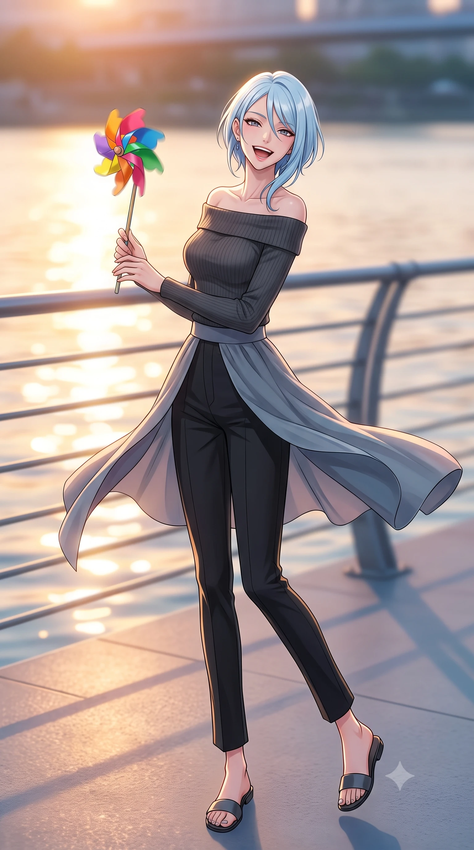 score_9, masterpiece, best quality, ultra-detailed, high-budget anime keyframe, editorial fashion photography, tasteful artistic composition, Korean woman. low angle full-body shot from head to toe showing her feet, filling the entire 9:16 vertical frame with her statuesque presence, stretching her vertical silhouette. twirling around with a playful, cute laugh, her skirt billowing beautifully in the air set against a soft-focus background of walking along a modern riverside boardwalk with metal railings holding a colorful wind spinner toy with a playful, cute laugh. She has an absolutely perfect, statuesque 8.5-heads proportion, an exceptionally tall and slender model-like female figure with impossibly long slender legs and an ultra-slim waist. sharp v-shaped jawline, high-bridge nose, intricate jewel-like eyes with depth, thick eyelashes, glossy lips with a natural sheen. wearing tailored body-hugging off-shoulder knit top in charcoal, paired with tailored slim pants. warm golden hour sunset light reflecting off the calm river surface. highly saturated vibrant anime colors, detailed shading with soft gradients, rich glossy textures, high-contrast stereoscopic depth, volumetric dynamic lighting, master piece, 9:16 ratio